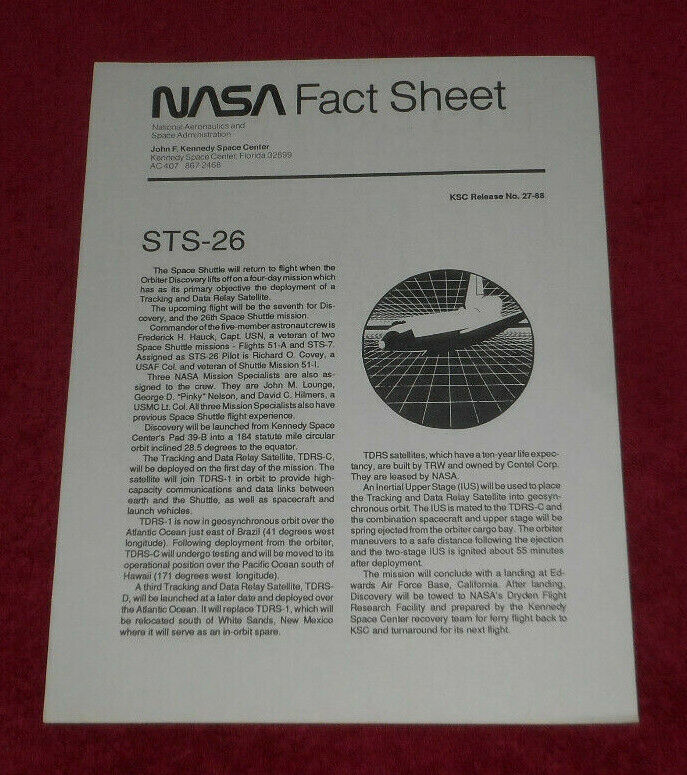 1988 NASA Fact Sheet STS-26 Space Shuttle Discovery Mission Return To Flight JFK
