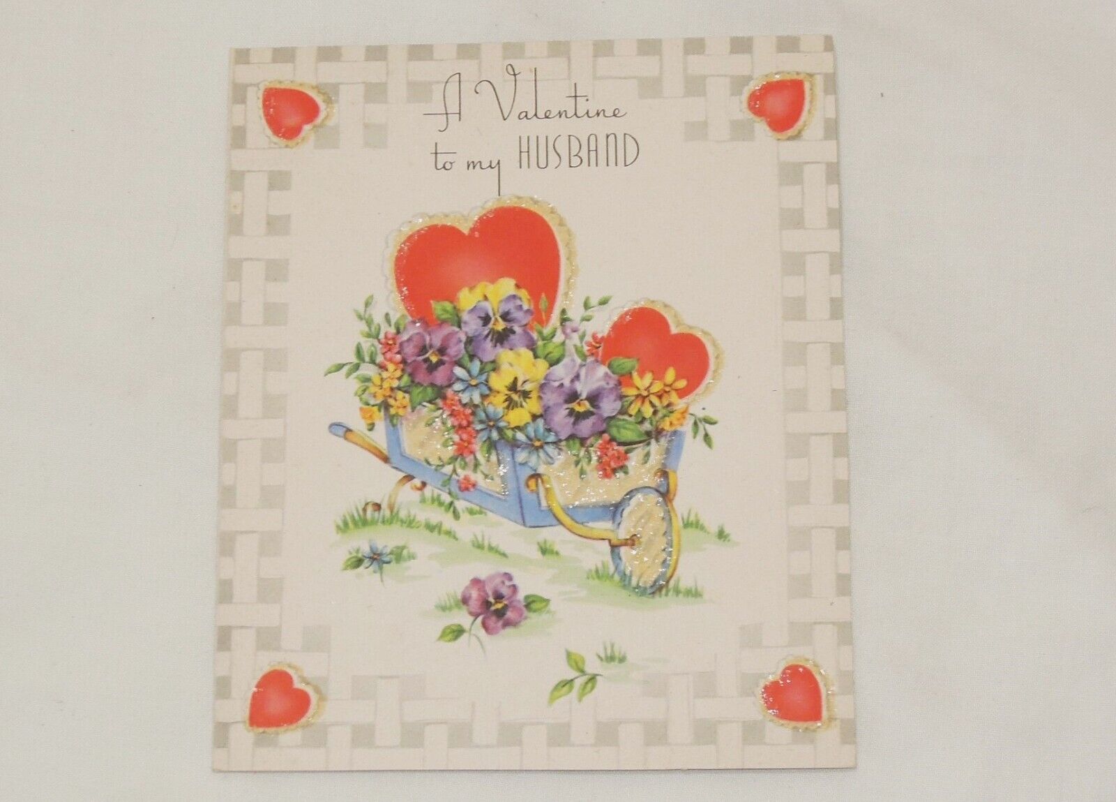 Vintage used Valentine\'s Day Greeting Card flowers in wheelbarrow to husband