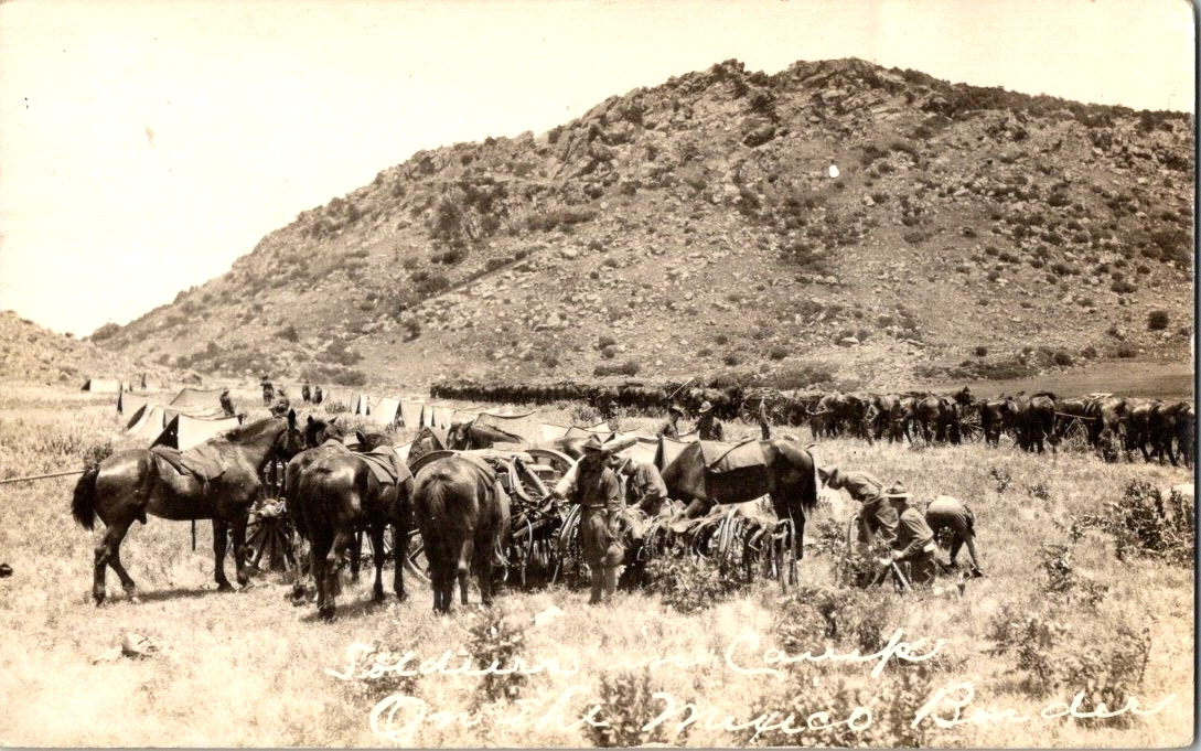 RPPC Soldiers in camp on Mexico boarder many horses antique postcard a47