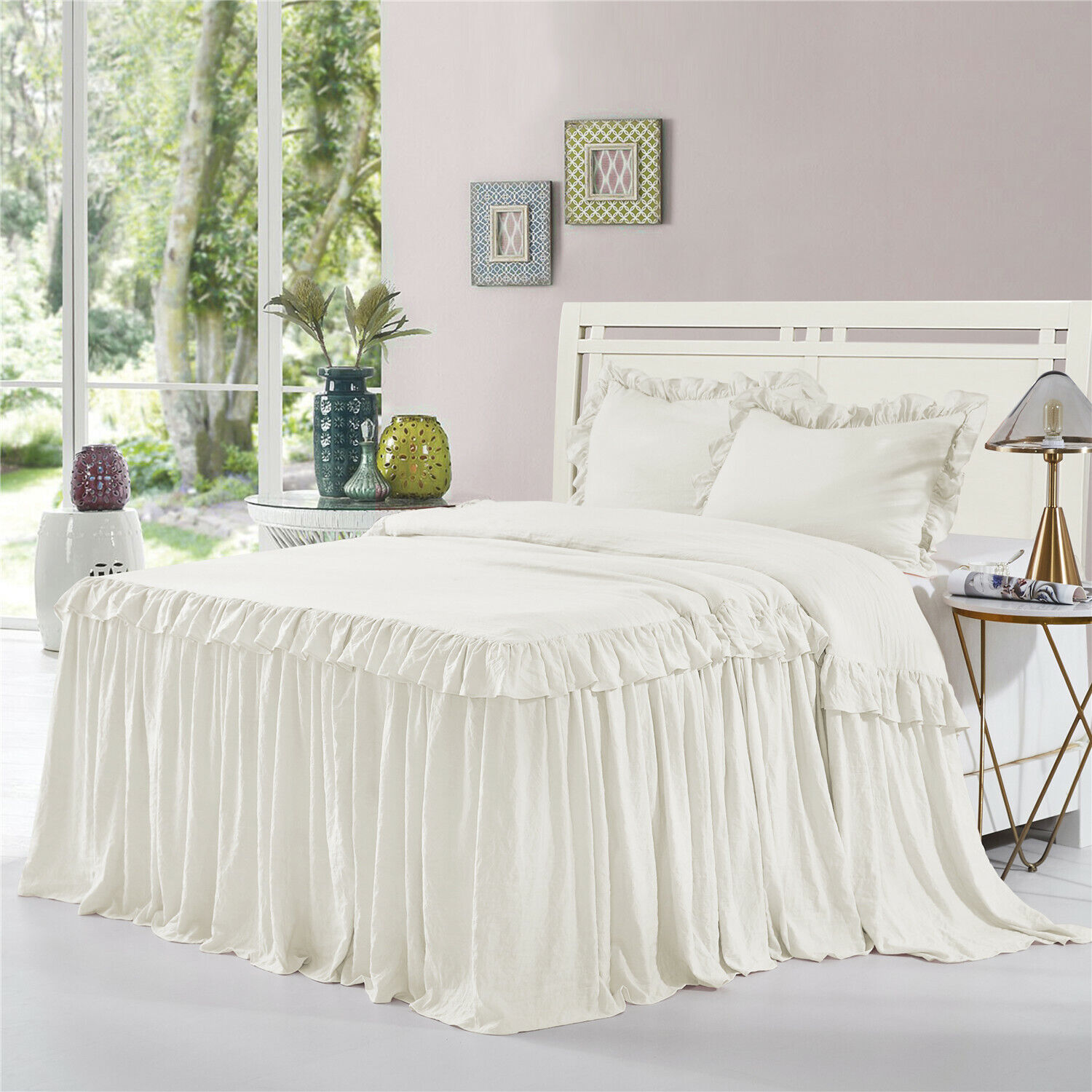 HIG 3 Piece ALINA Luxurious Ruffle Skirt Bedspread Set 30 inches Drop - Ivory