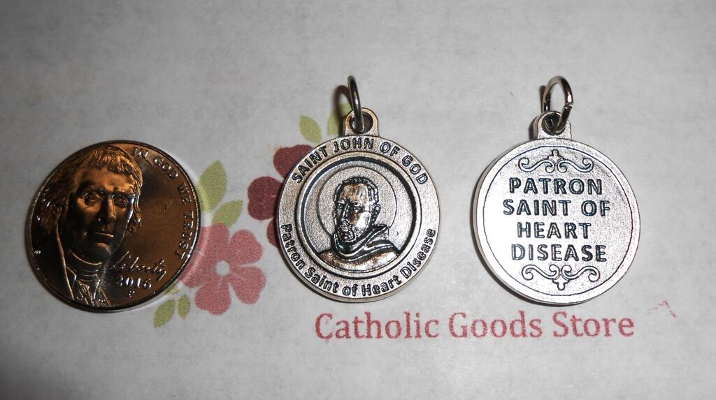 Saint St John of God  - Patron St of Heart Disease - Silver Tone Round- Medal 