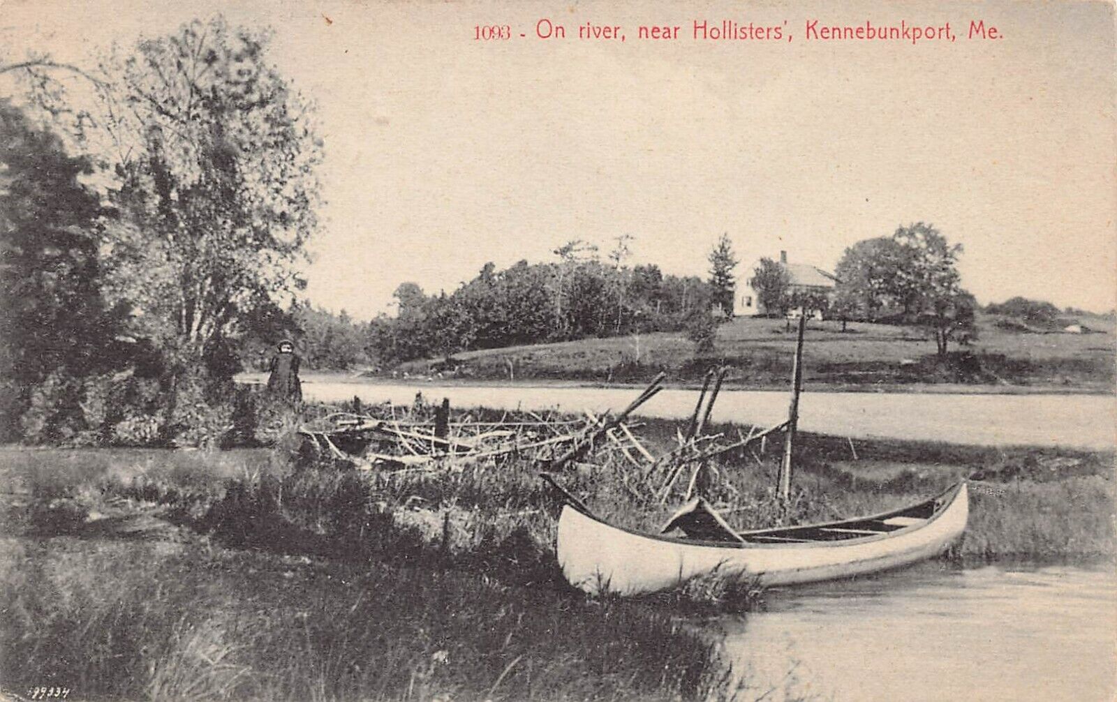 Kennebunkport ME Maine Hollisters River Man in Bushes Boat Canoe Vtg Postcard W1