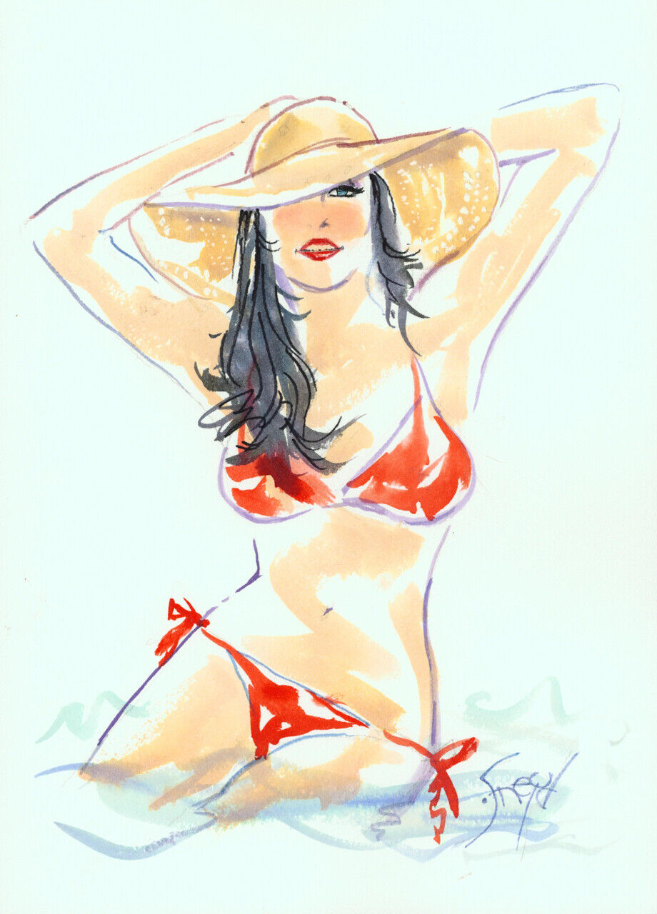 Playboy Artist Doug Sneyd Signed Original Art Sketch Brunette w Hat & Red Bikini