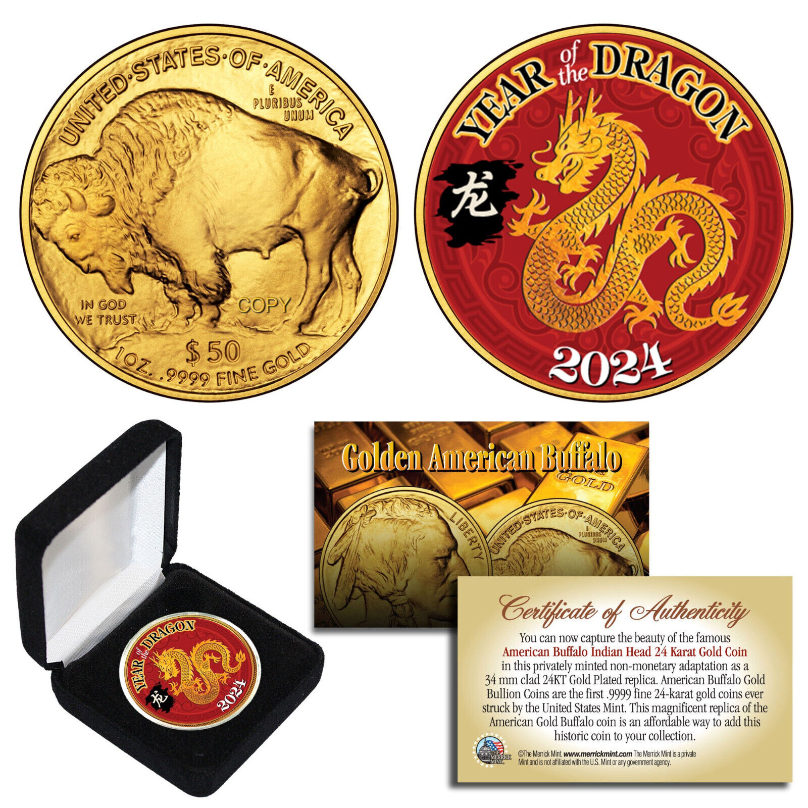 2024 Chinese YEAR OF DRAGON 24K Gold Clad $50 American Buffalo Tribute Coin BOX