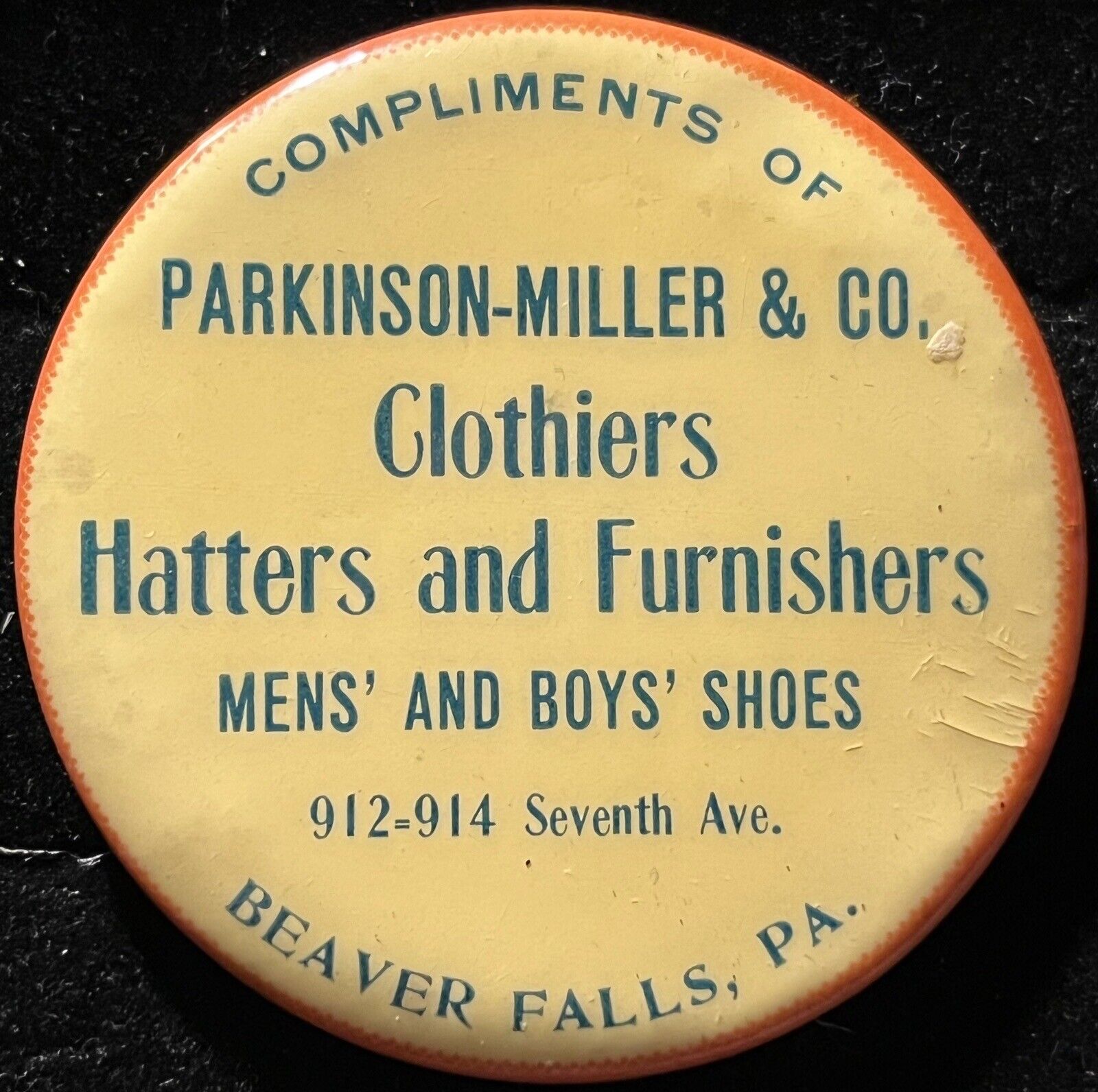 PARKINSON-MILLER Clothier Beaver Falls PA  Celluloid Pocket Mirror