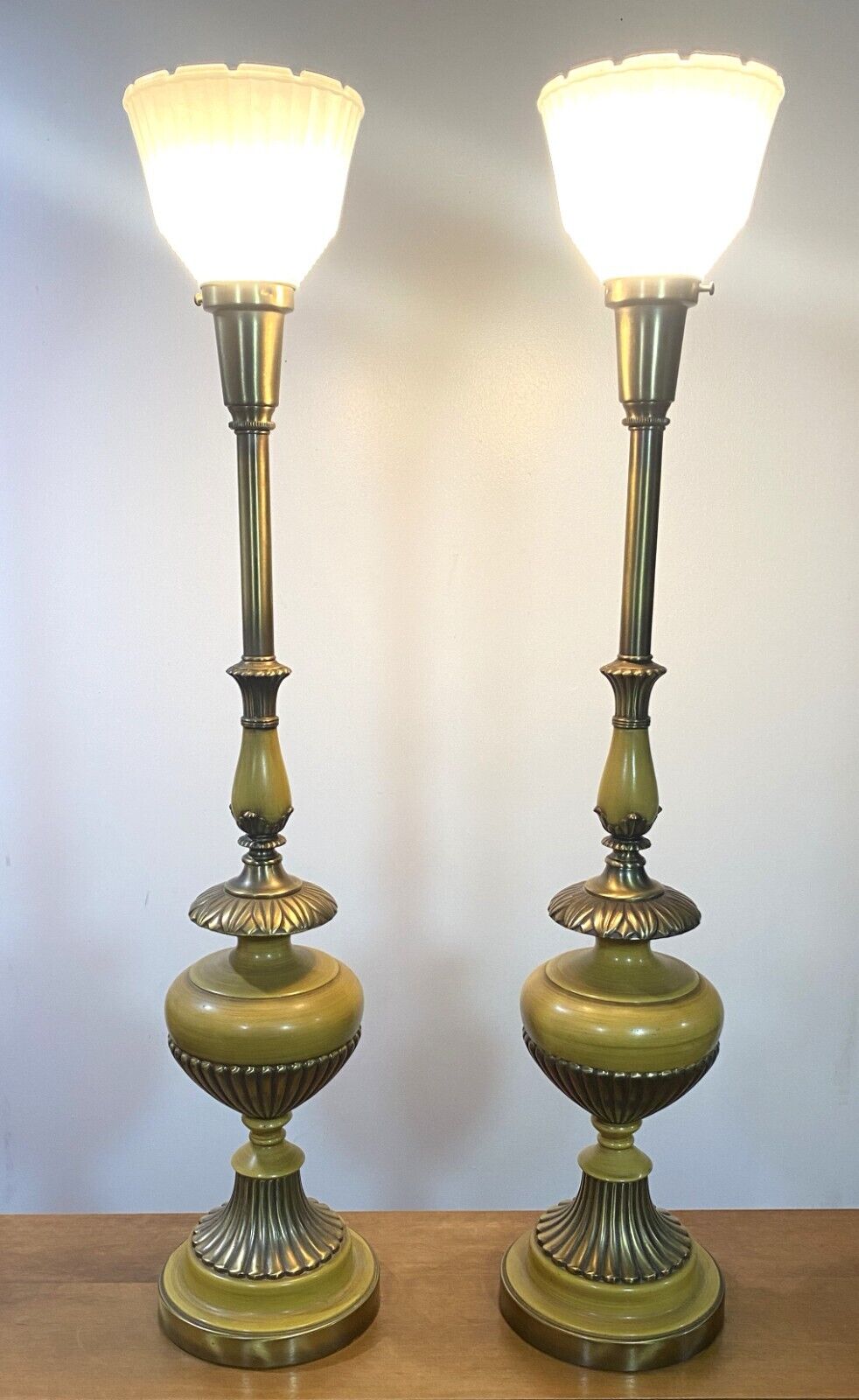 Vintage Pair MCM Torchiere Rembrandt Table Lamps Mustard Hollywood Regency 60s