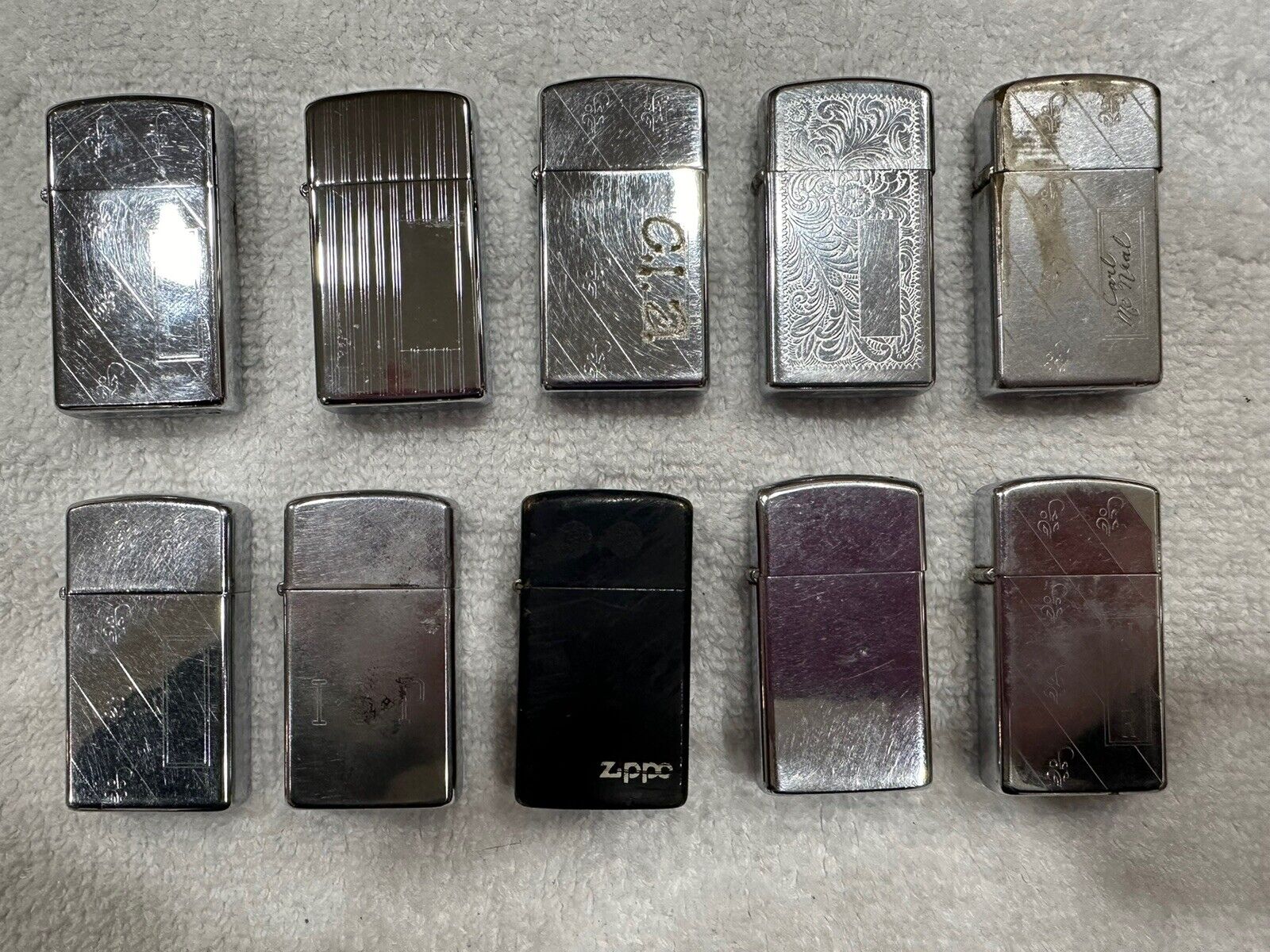 Lot Of (10) Slim Zippo Lighters Chrome Etc For Your Collection