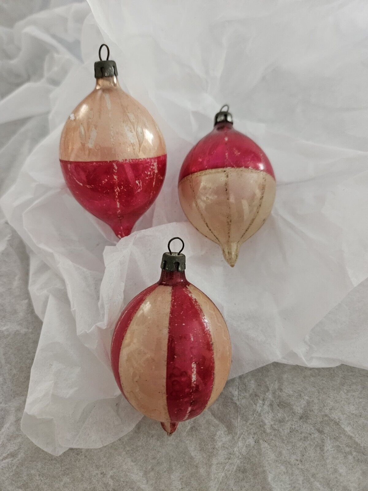 3 Antique Poland Blown Glass Mica Pink Teardrop Christmas Ornaments