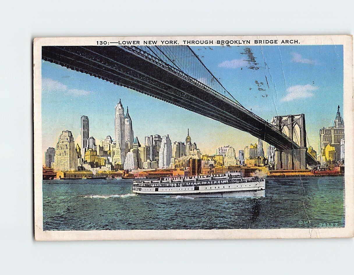 Postcard Lower New York Through Brooklyn Bridge Arch New York USA