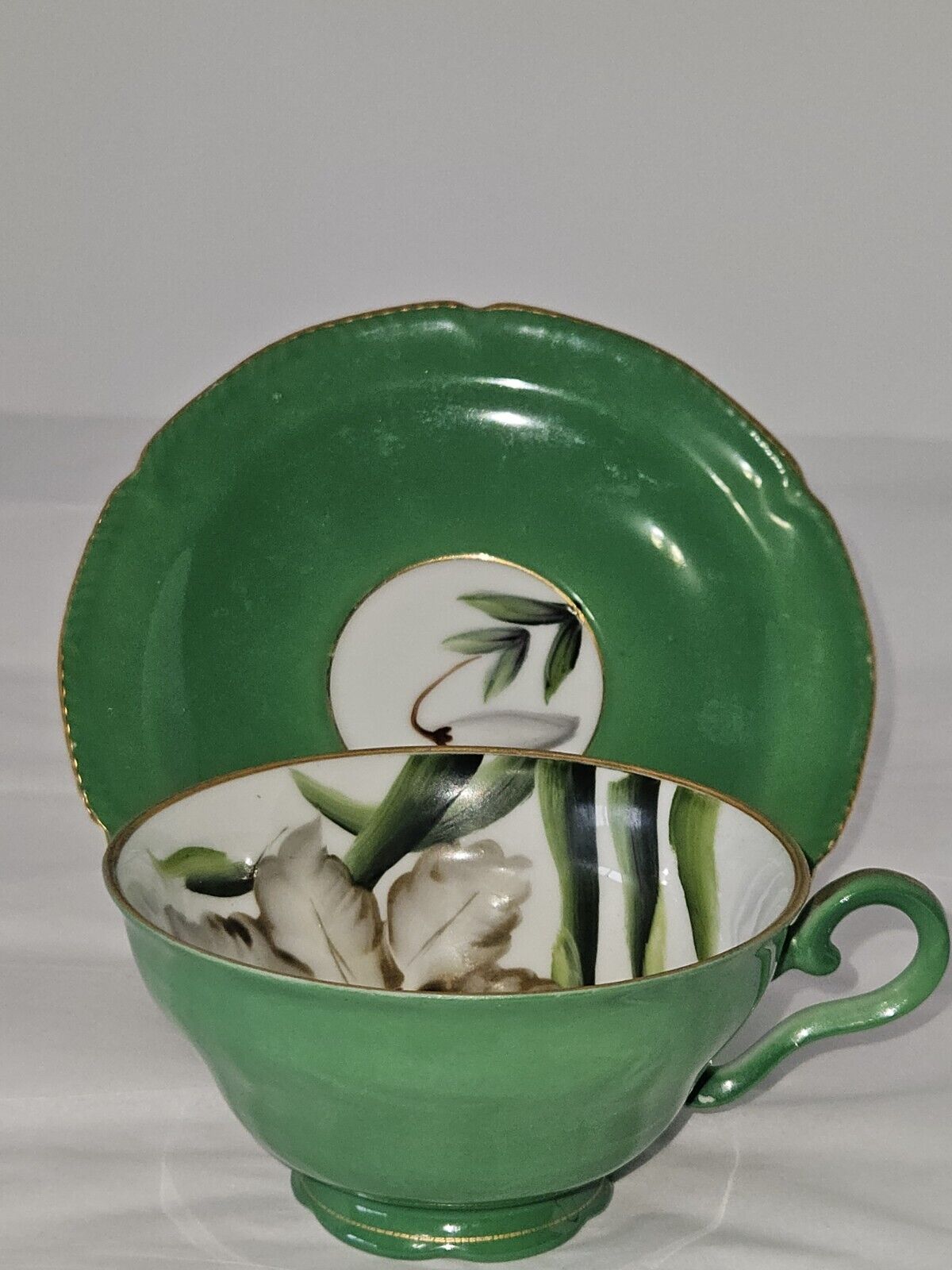 Vintage Wales China Tea Cup Saucer Set Green Floral Gold Gilt Japan ESTATE