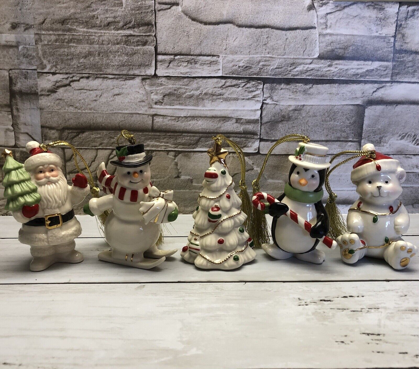Lenox 5 Piece Very Merry Porcelain Ornament Set Snowman Santa Tree Bear Penguin