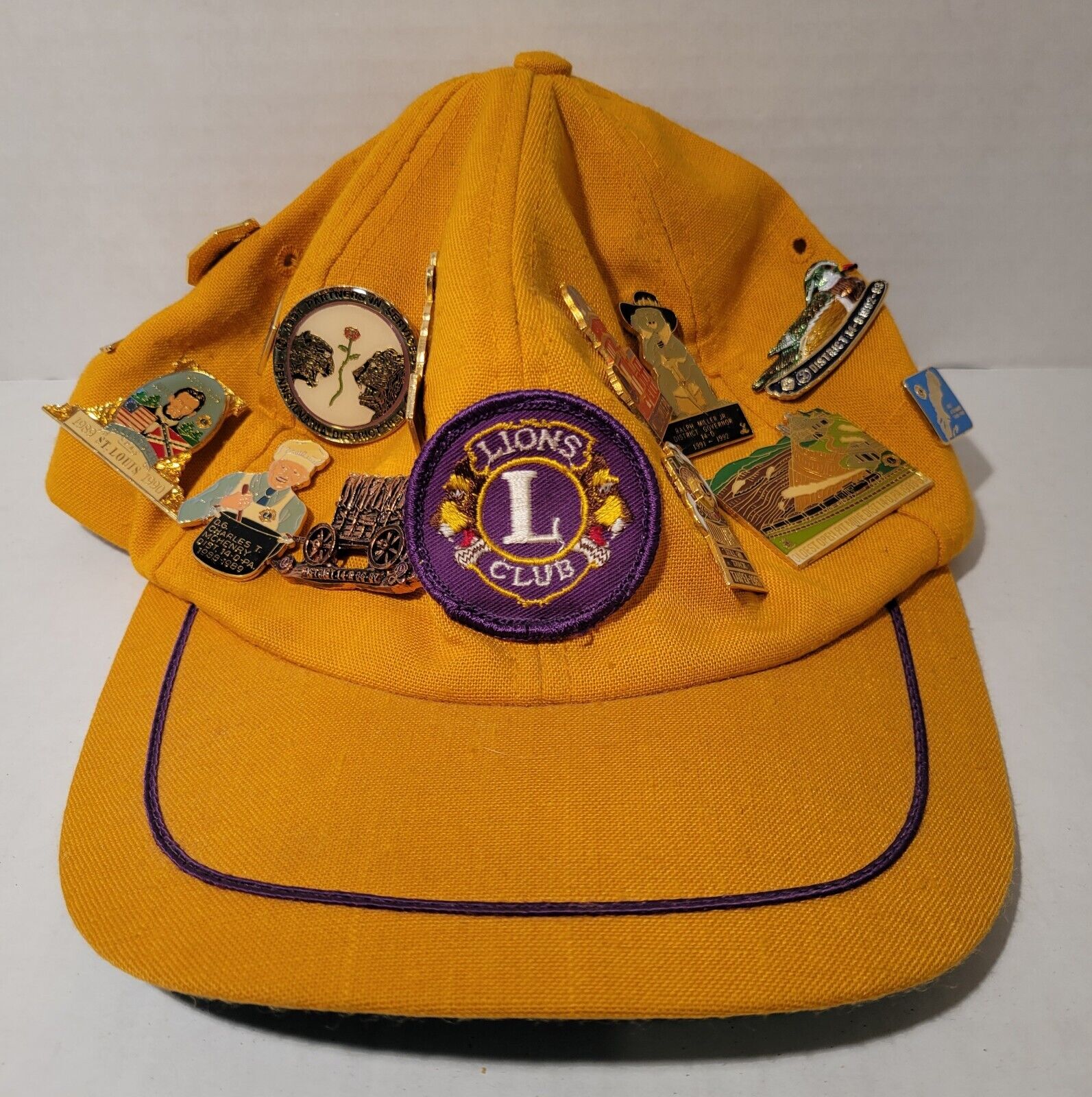 Vintage 1980\'s Lions Club Distressed Adjustable Hat Gold Purple w/ Pins RARE 1/1