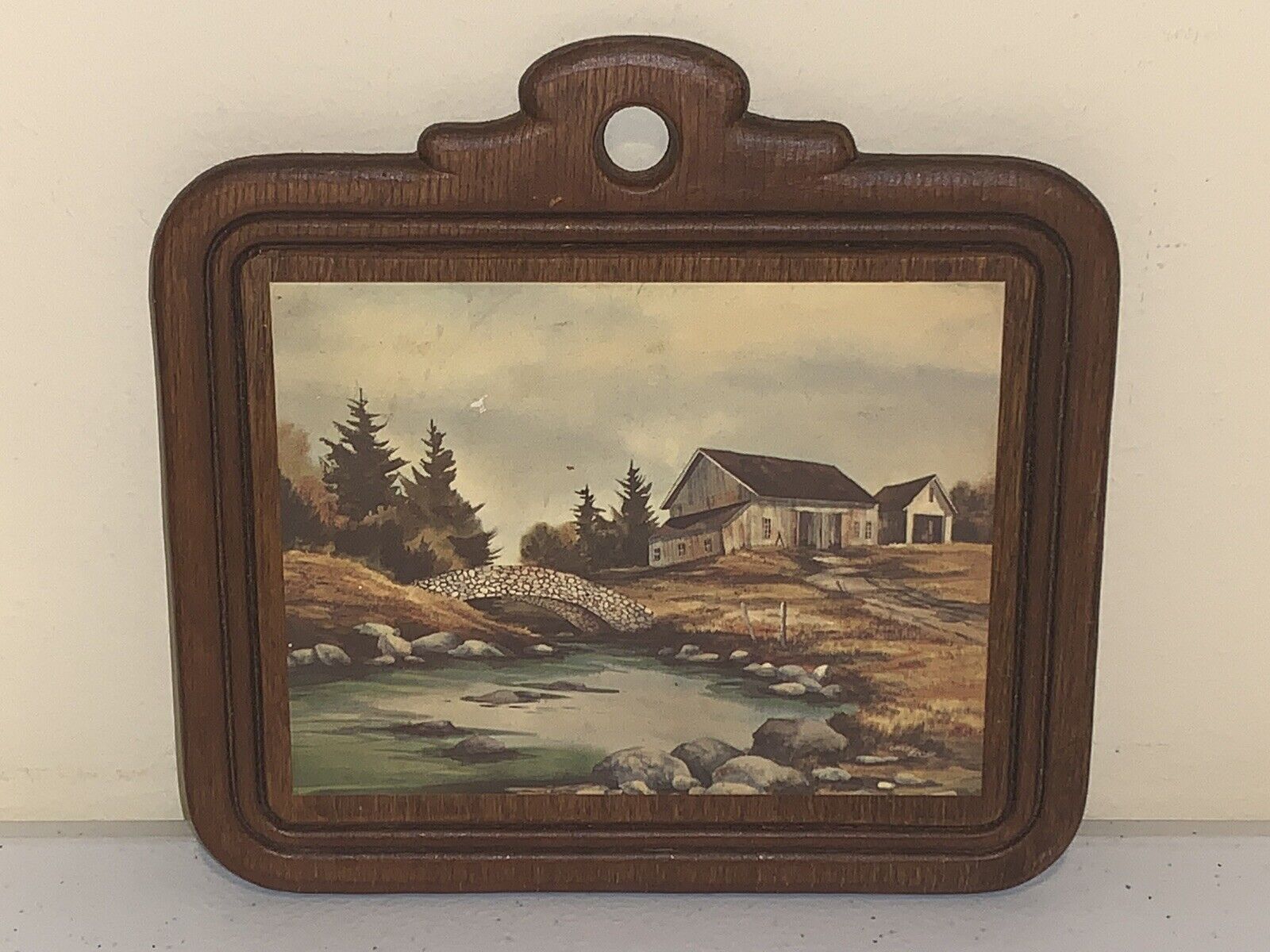 Wood Wall Picture Plaque Peaceful Country Scene by Stream 1970’s 6\