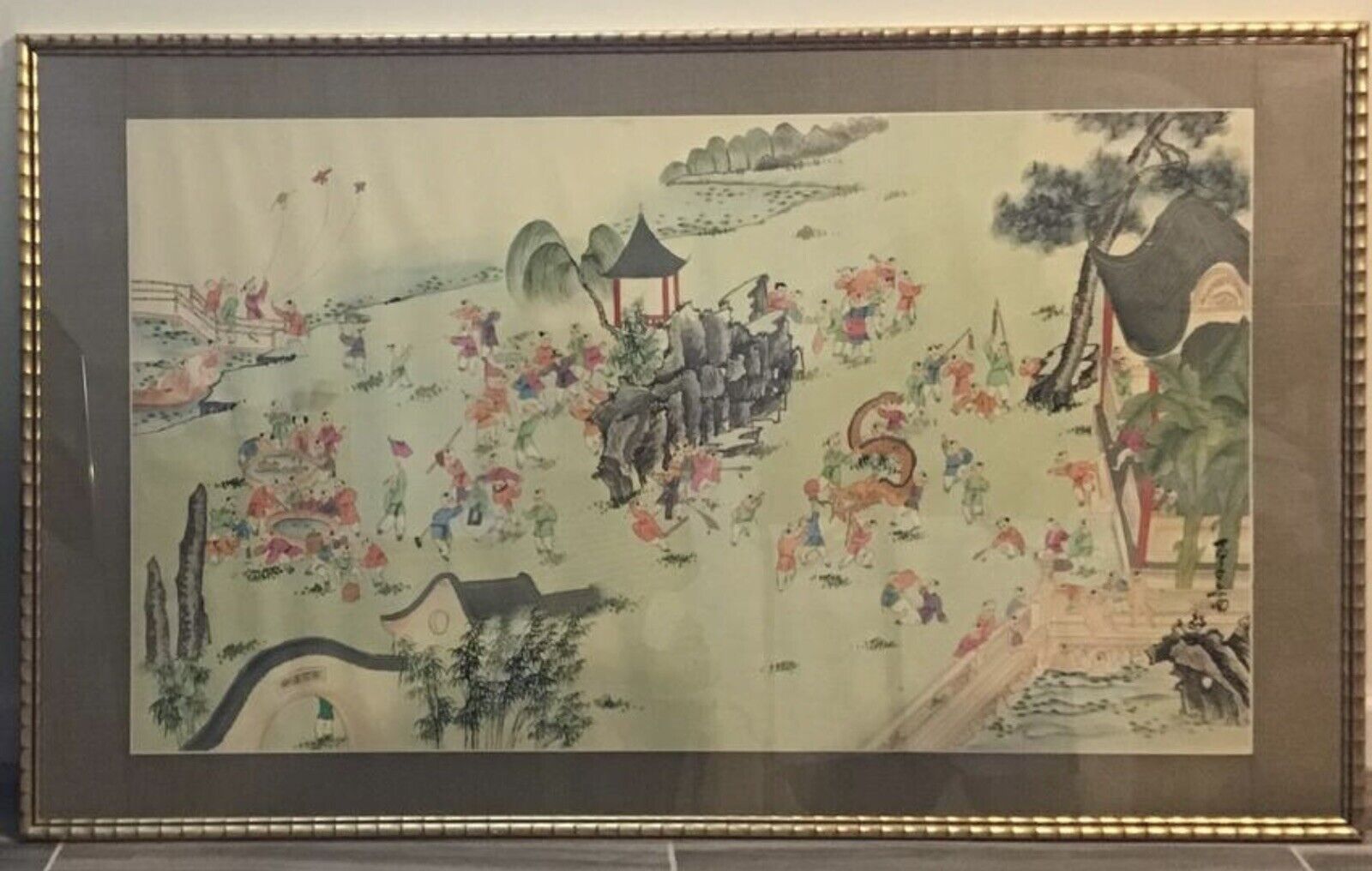 Large Vintage Original Hand Painted Chinese Art on Fabric, 32” x 53”