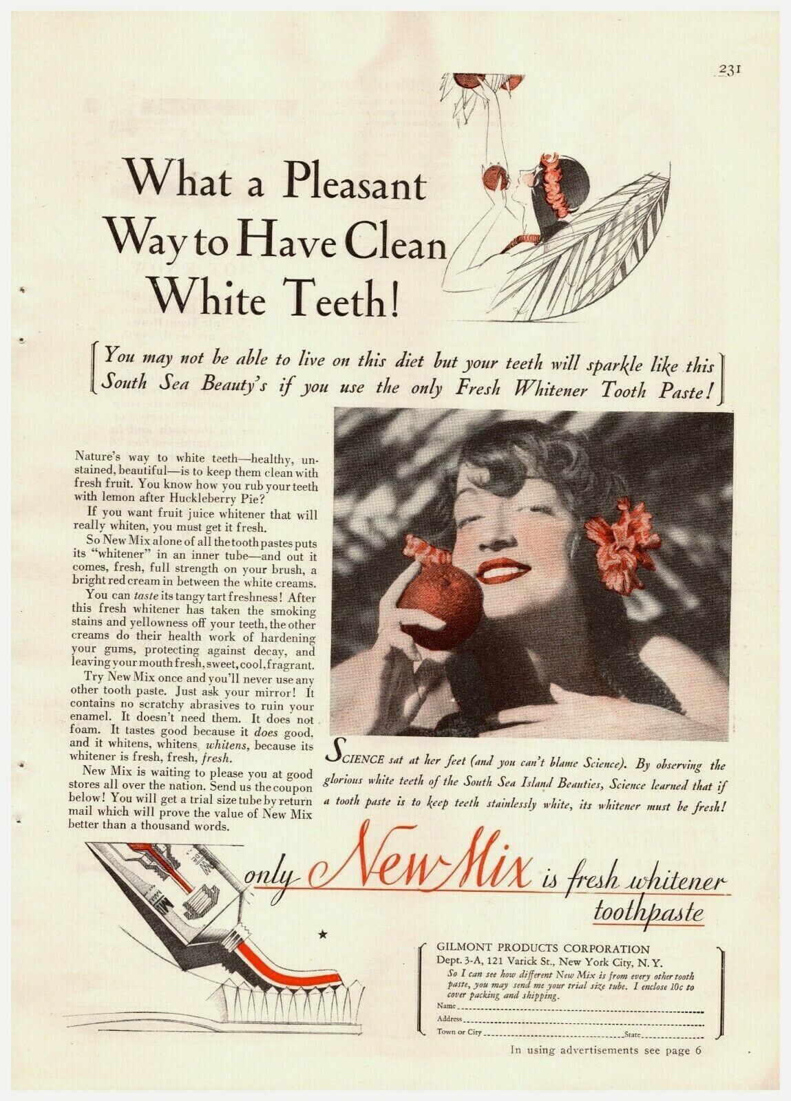 1929 New Mix Fresh Whitener Toothpaste Vintage Print Ad South Sea Beauty 