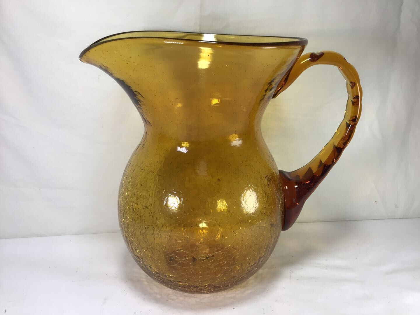 CC75 Large Antique Early Mid-Century Amber Cracked Glass Kettle Pitcher Set of 1