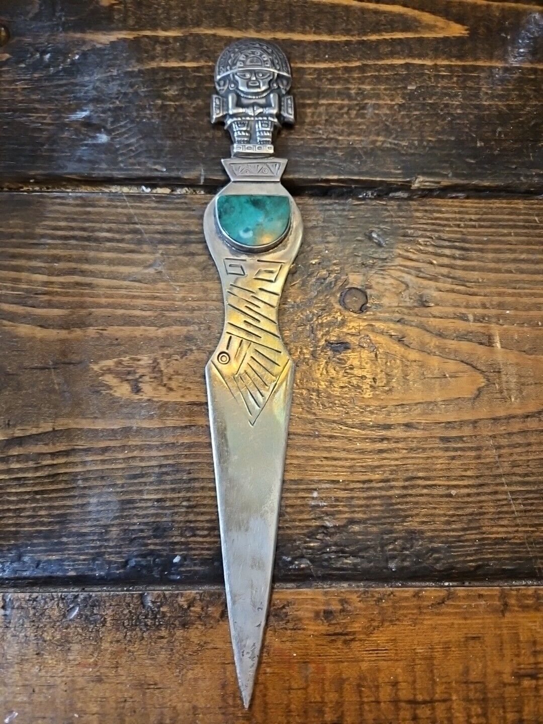 Vintage Aztec Tumi Malachite Hand Stamped Silver 9.25 Letter Opener Knife