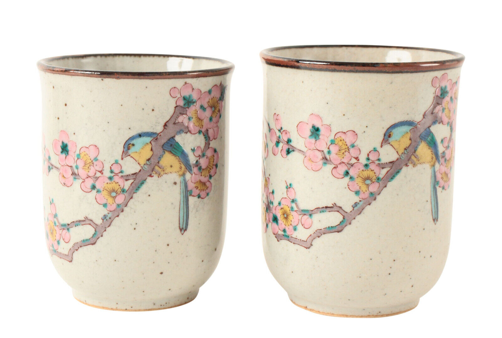 Kutani ware Japanese Ceramic Pair Yunomi Chawan Tea Cup Plum Flowers and Bird