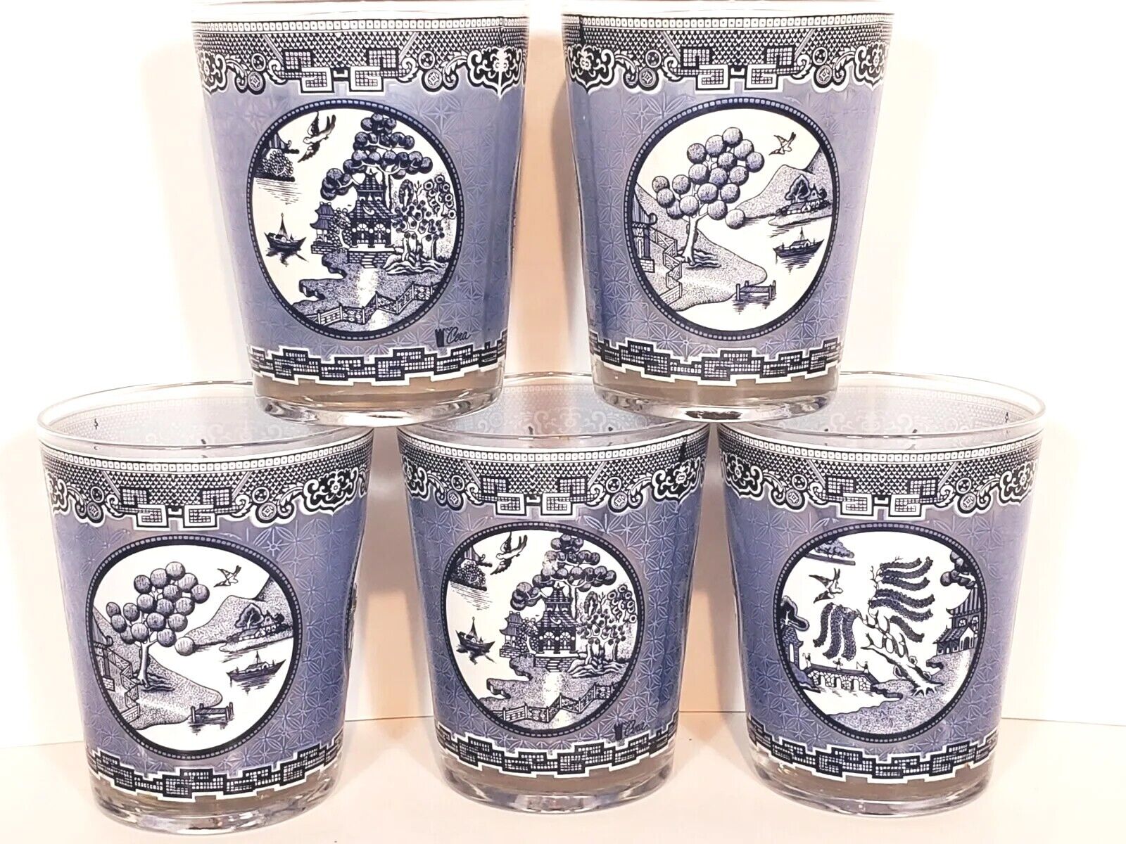 Vintage Cera Blue Willow Pattern 12oz Drinking Glasses Tumblers Lot of 5 