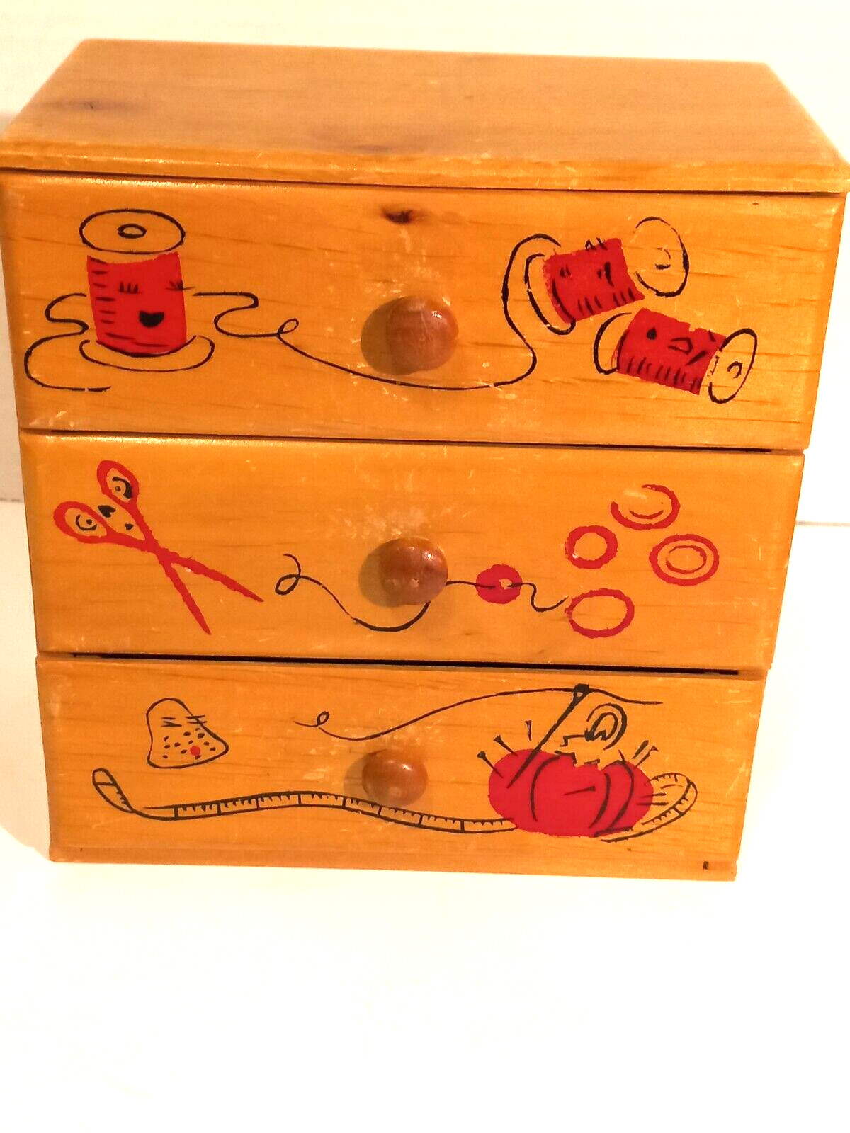 Vintage Sewing Wooden Box /Red Graphics Cute