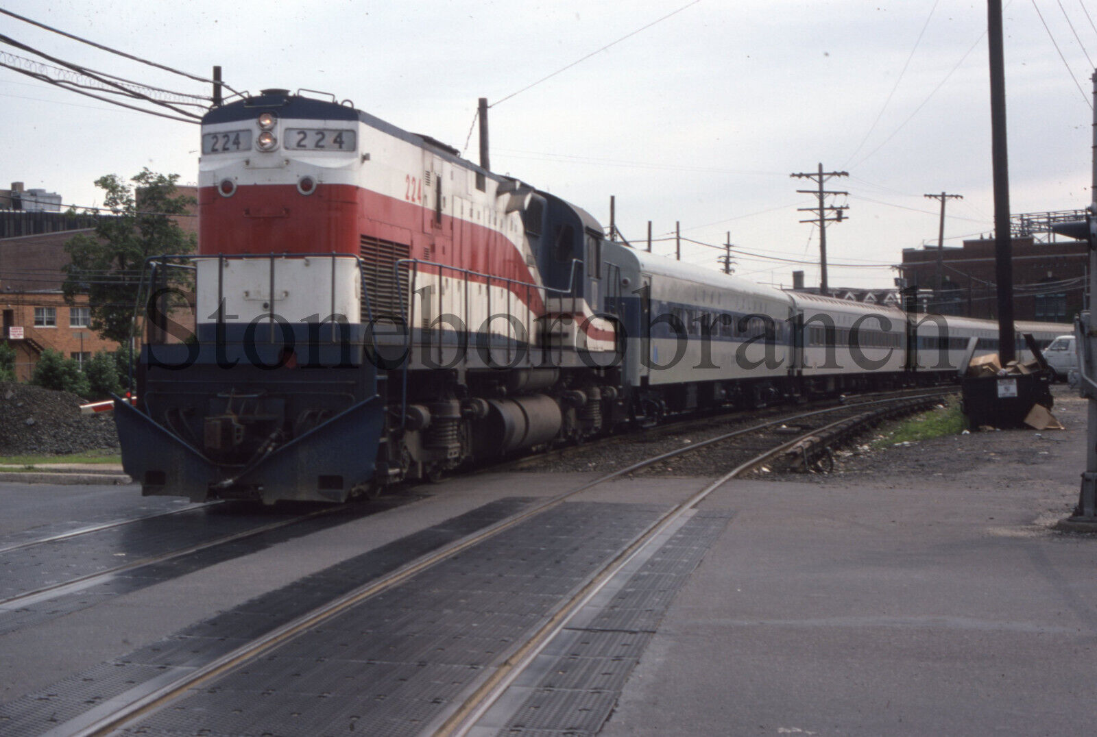 K.) Original RR slide: LIRR Alco C420 #224 with train @ Long Island NY; 6/1979