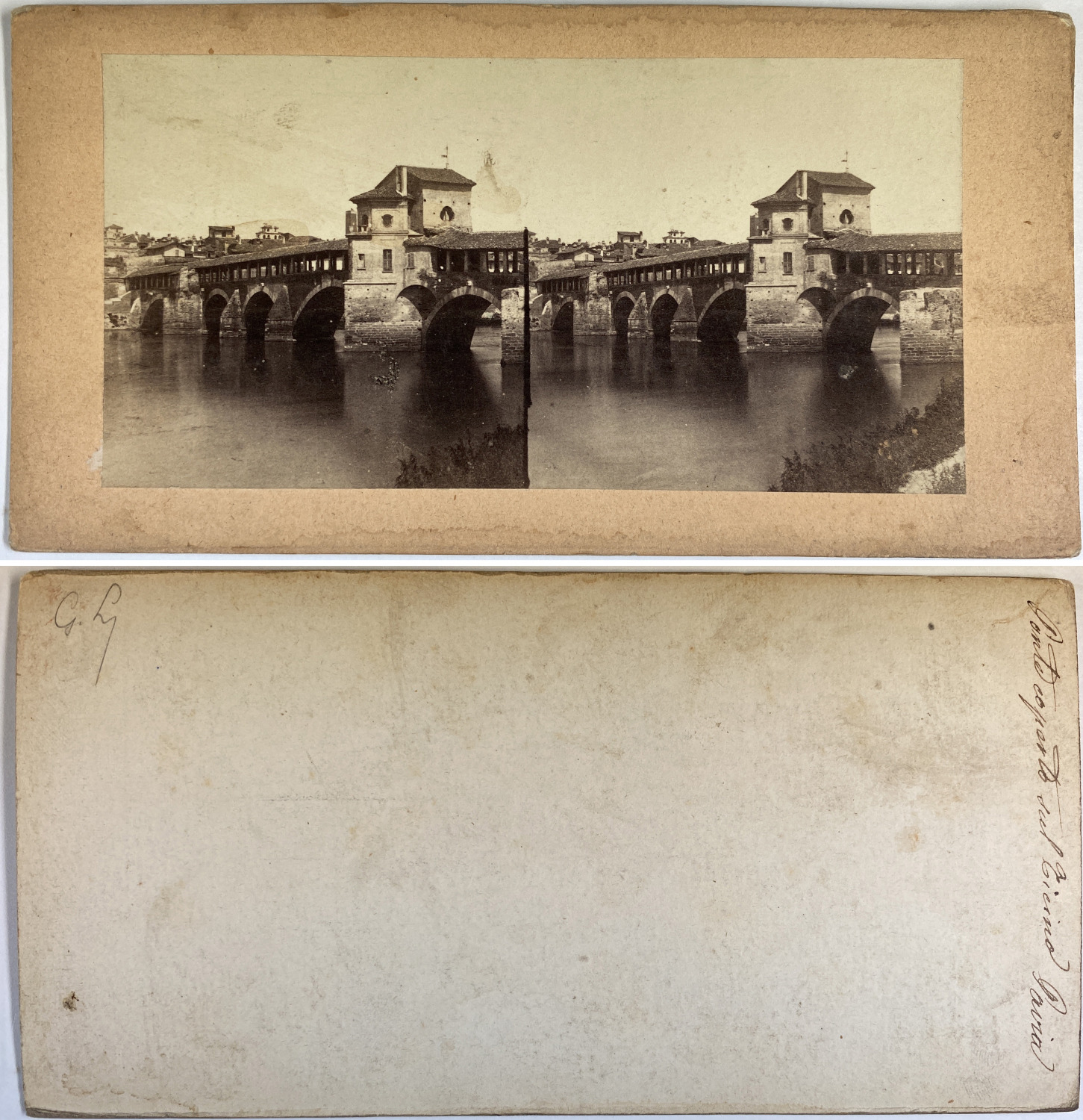 Italy, Pavia, Ponte sul Ticino Vintage Stereo Card, Albuminated Print 8.5x1