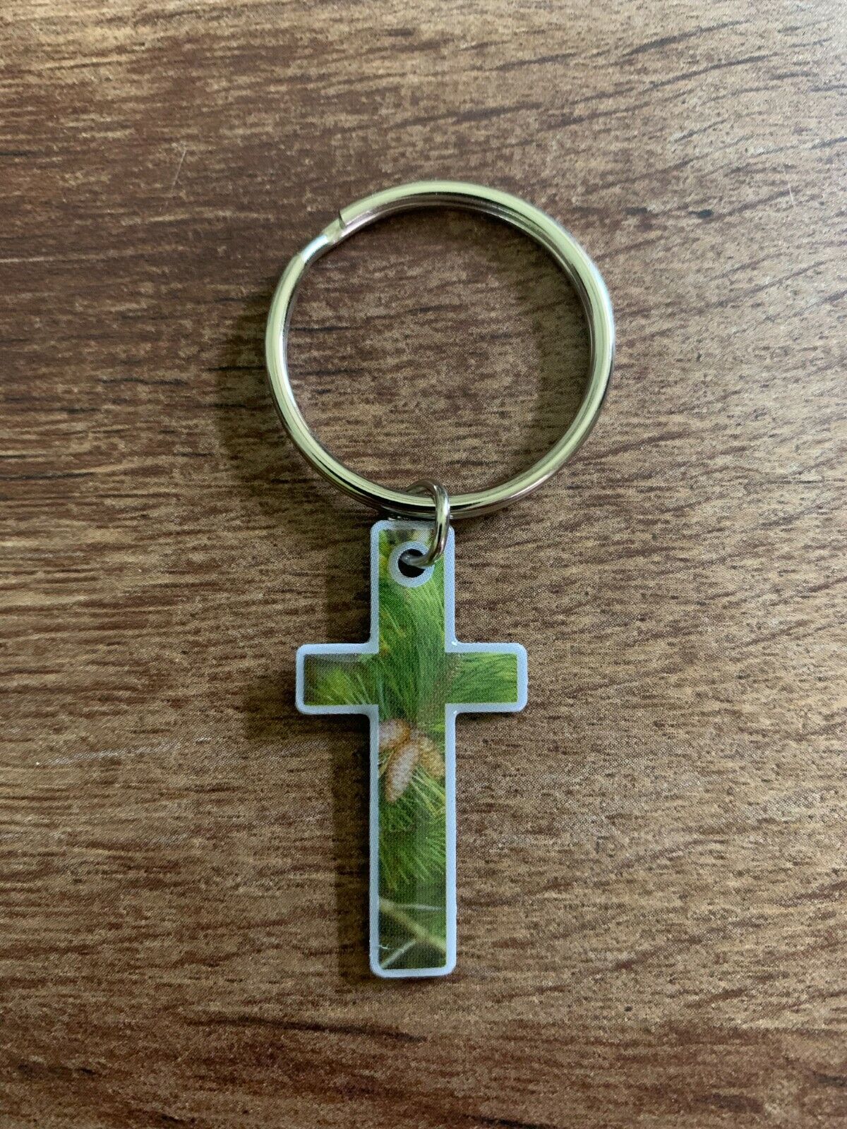 Camouflage Cross Pine Tree Key Ring Two Free Holy Cards