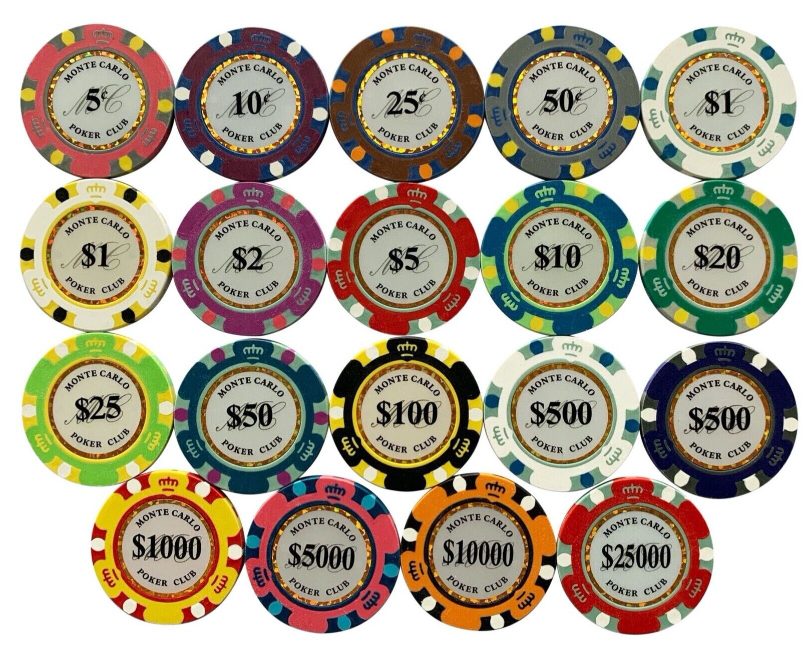 Monte Carlo Smooth 14 Gram Poker Chips MEGA 20 Chips Sample Set Pack - NEW 