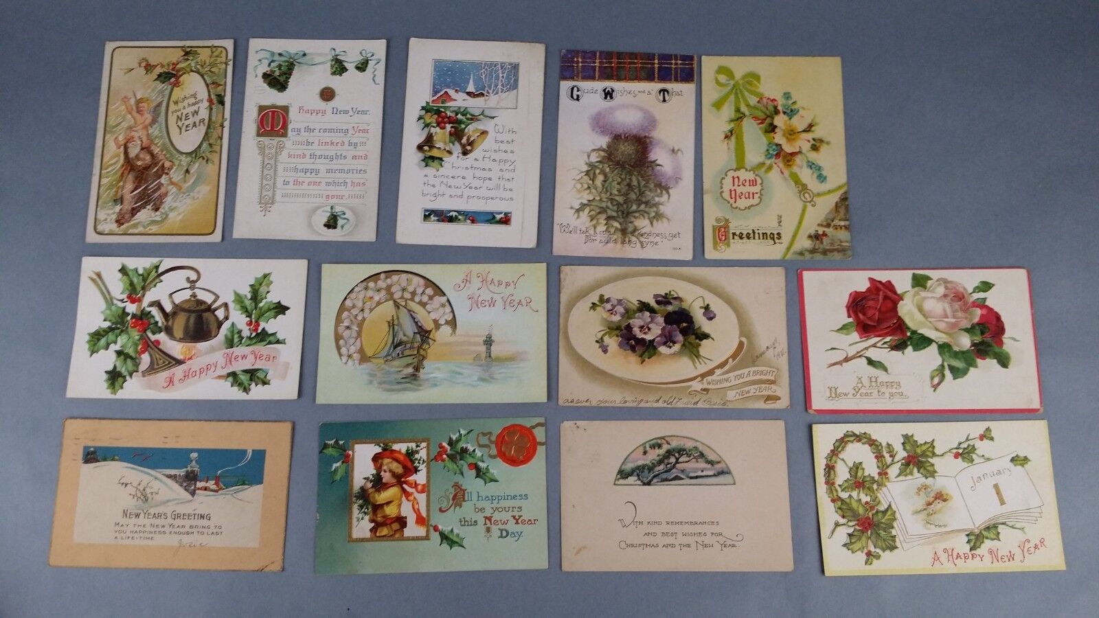 13 Antique Vintage Lot Postcards Happy New Year Greetings Holiday Some Stamps