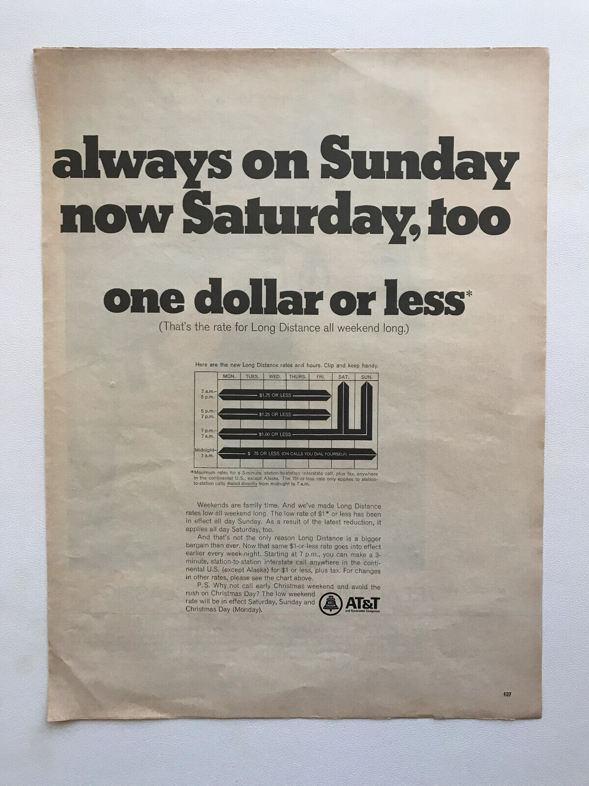 1967 AT&T Long Distance Weekend One Dollar Or Less Rate Vintage Print Ad