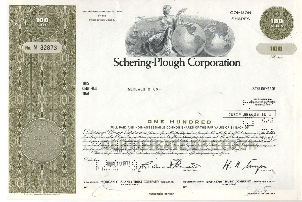 Schering-Plough Corp - Original Stock Certificate - 1971 - N82873