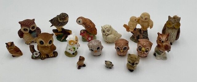 Lot 16 Owl Figurines Ceramic Bone China Resin Miniature Small Micro Figural