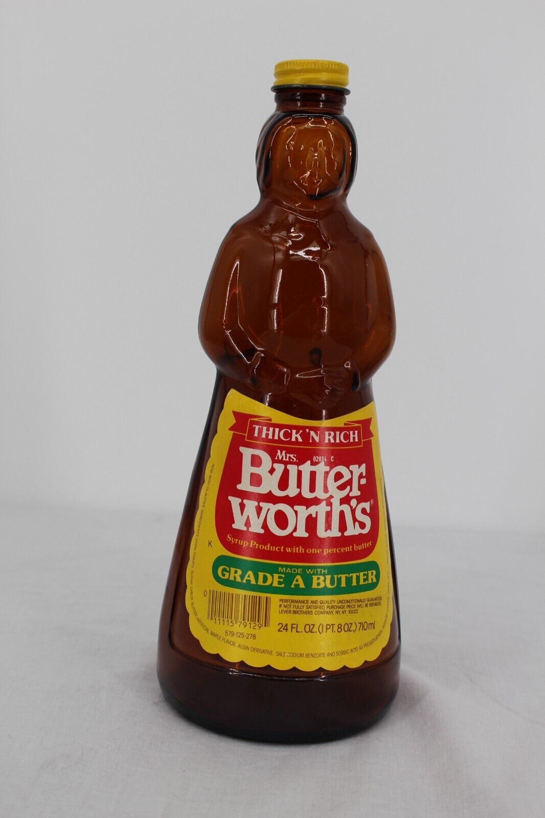 Vintage Mrs Butterworths Syrup Bottle 24 oz Brown Amber Glass 1984 Metal Lid