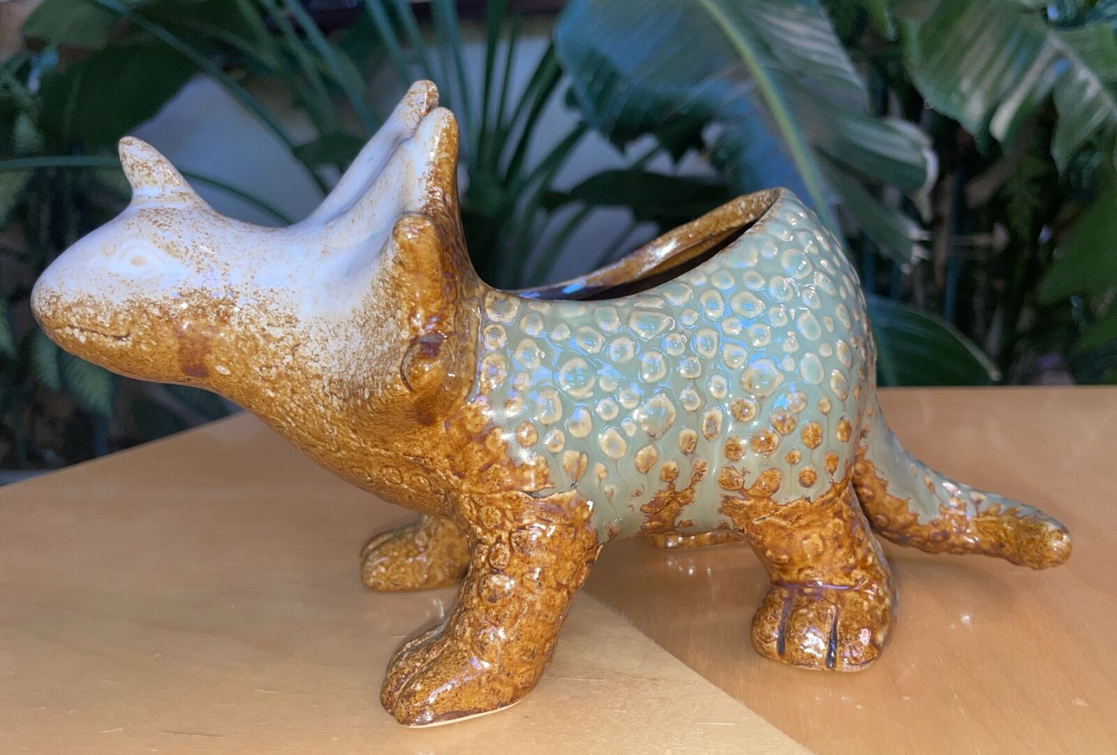 Triceratops Glazed Ceramic Planter Earth Tones Textured 9” Long Cool Dinosaur