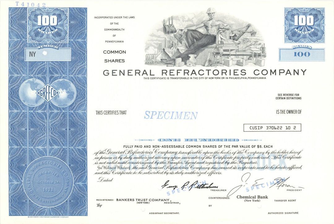 General Refractories Co. - 1922 Specimen Stock Certificate - Specimen Stocks & B