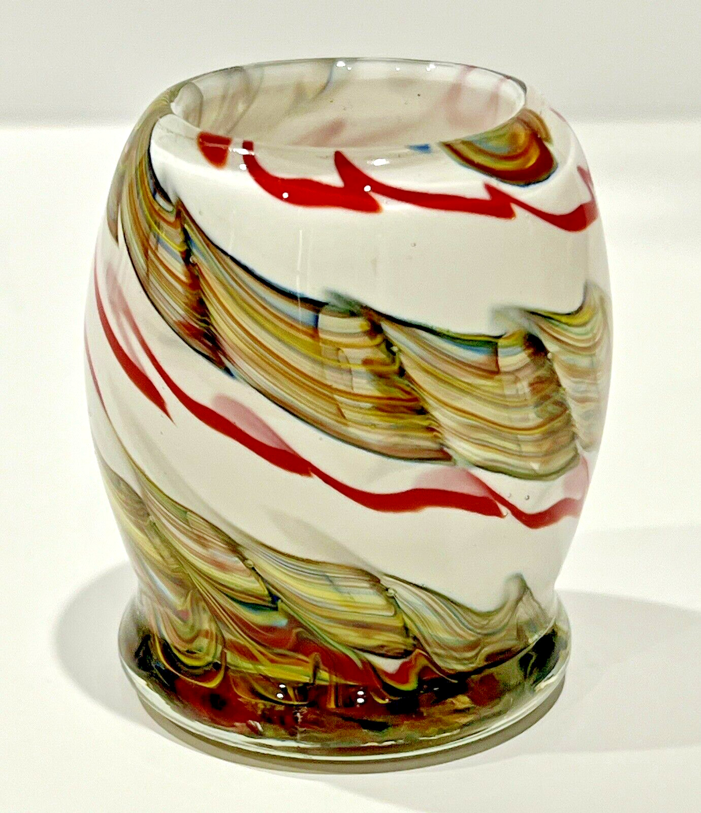 Vintage MCM Murano Style Hand Blown Swirl Multicolor Glass Toothpick Holder 3x2\