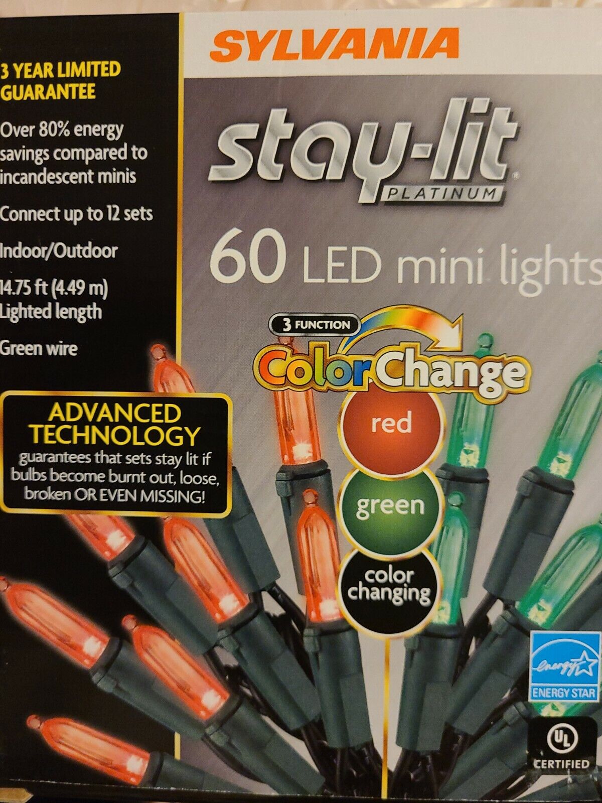 SYLVANIA STAY-LIT 60 MINI COLOR CHANGE RED/GREEN LED LIGHTS - NEW