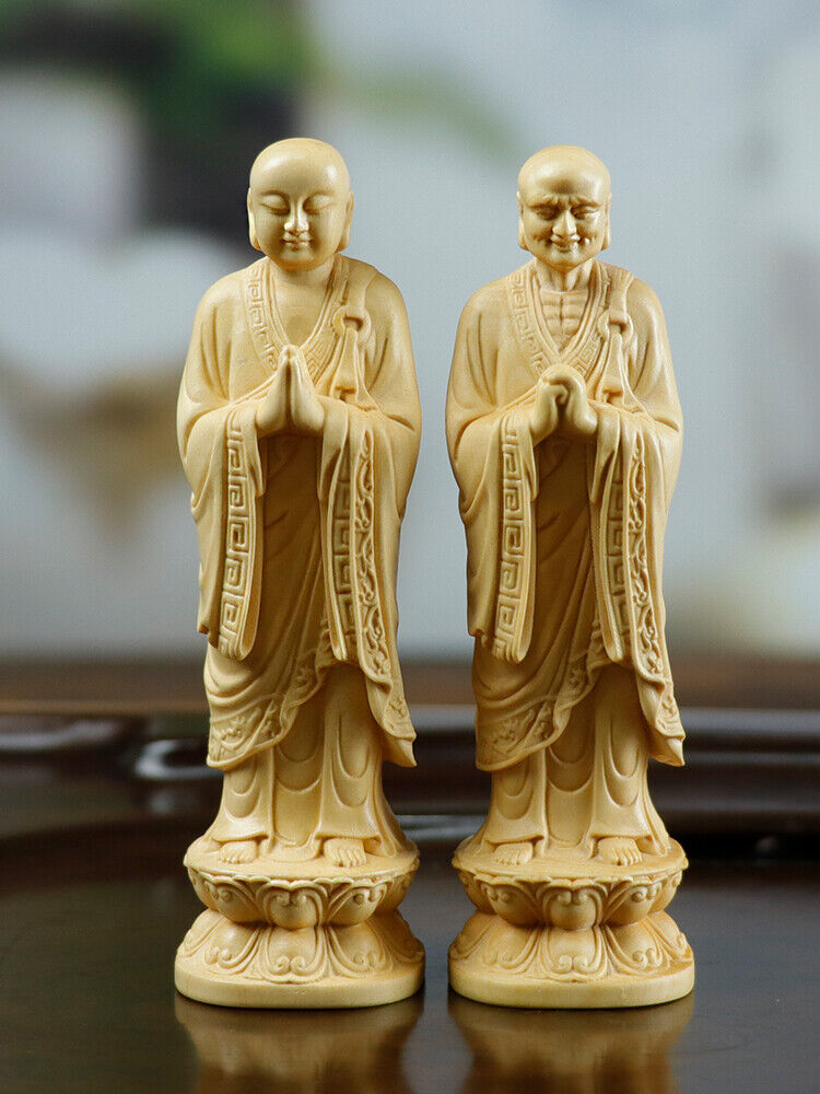 10 x 3x 3 CM Carved Boxwood Figurine : 2 Buddist Monks