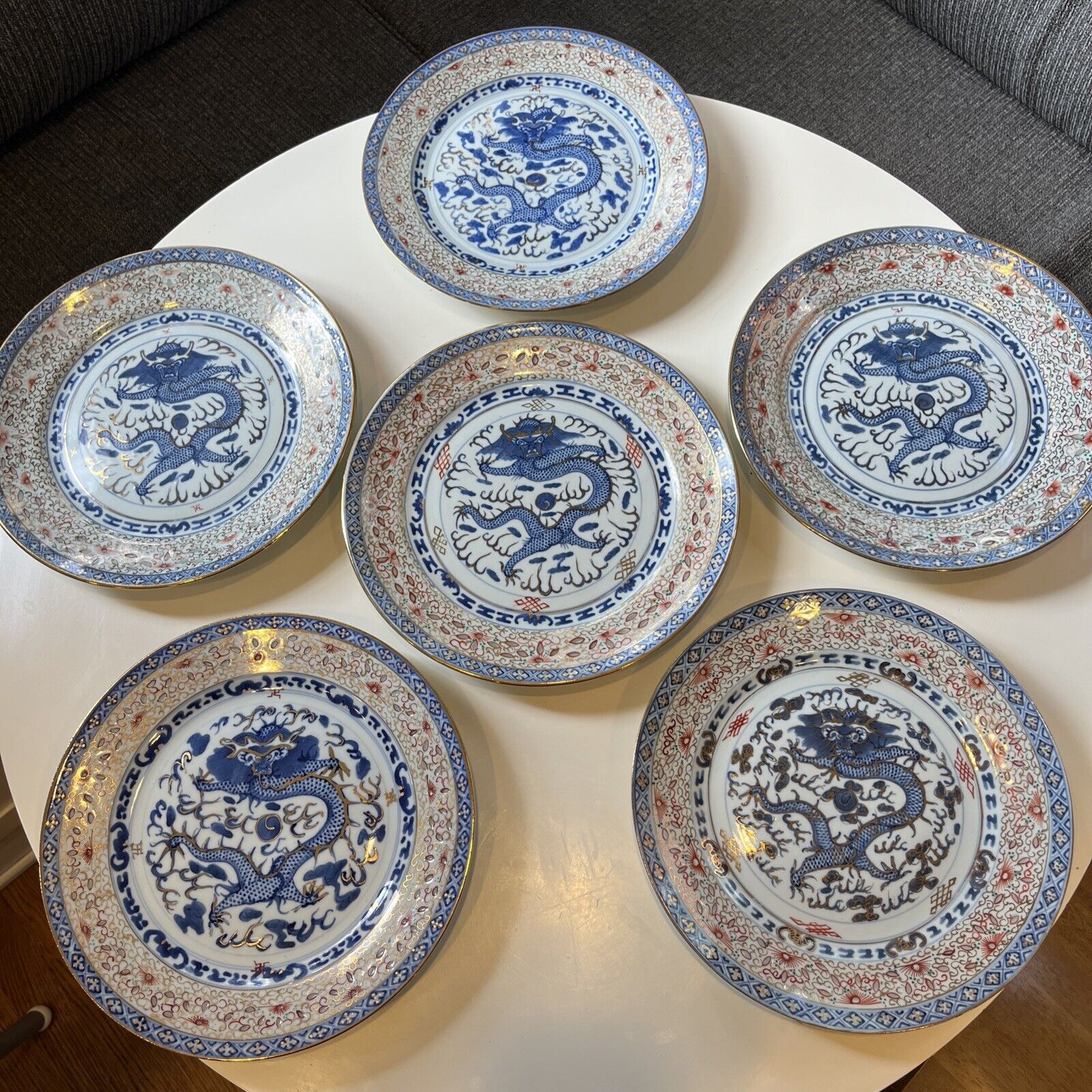 Set Of 6 Fine Chinese Blue & Gold Dragon Rice Grain Porcelain Plates 10” Signed