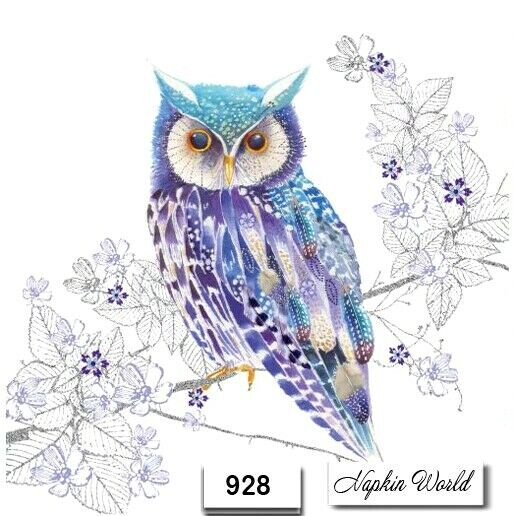(928) TWO Individual Paper LUNCHEON Decoupage Napkins - OWL BIRD BLUE 