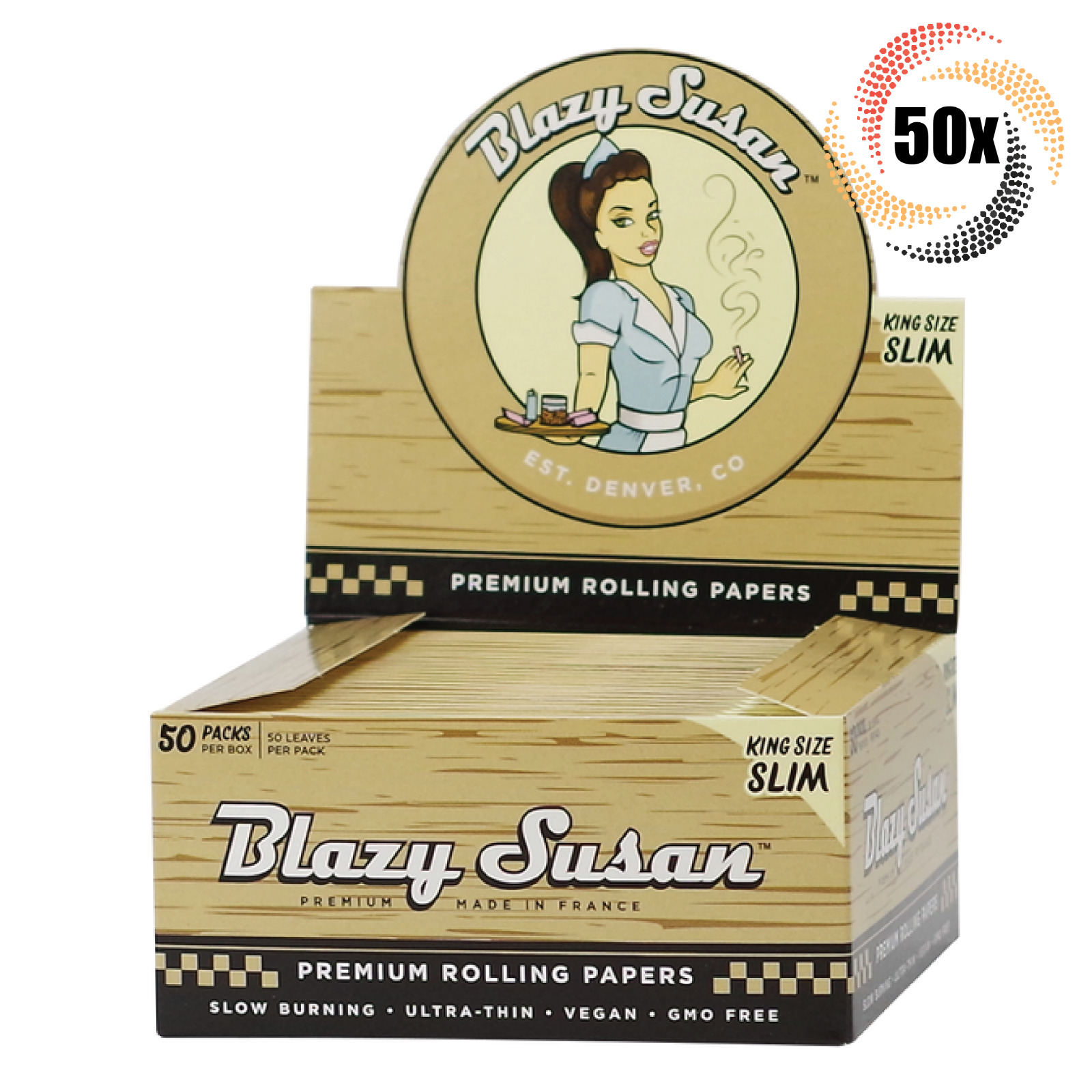 Full Box 50x Packs Blazy Susan Unbleached King Slim Rolling Papers | 50 Per Pack