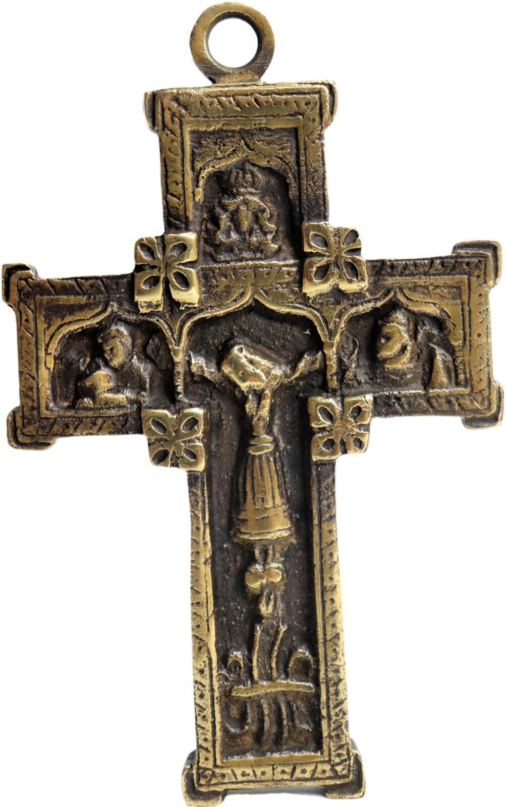 Antique ornate solid bronze Catholic pectoral crucifix from the 1920s