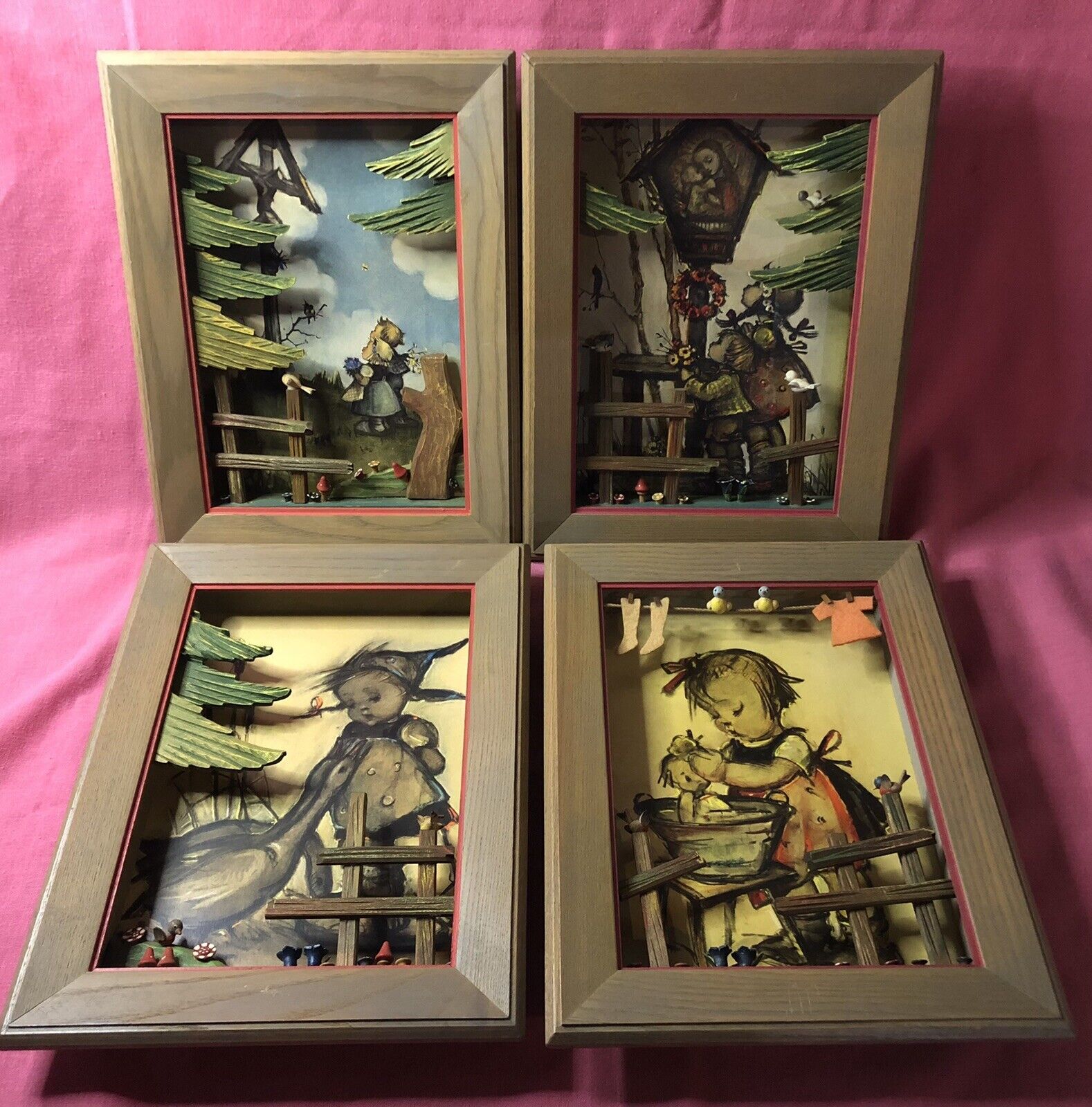 Lot Of 4 Vintage ANRI Hummel Carved Wood 3D Shadow Box Wall Hanging Pictures