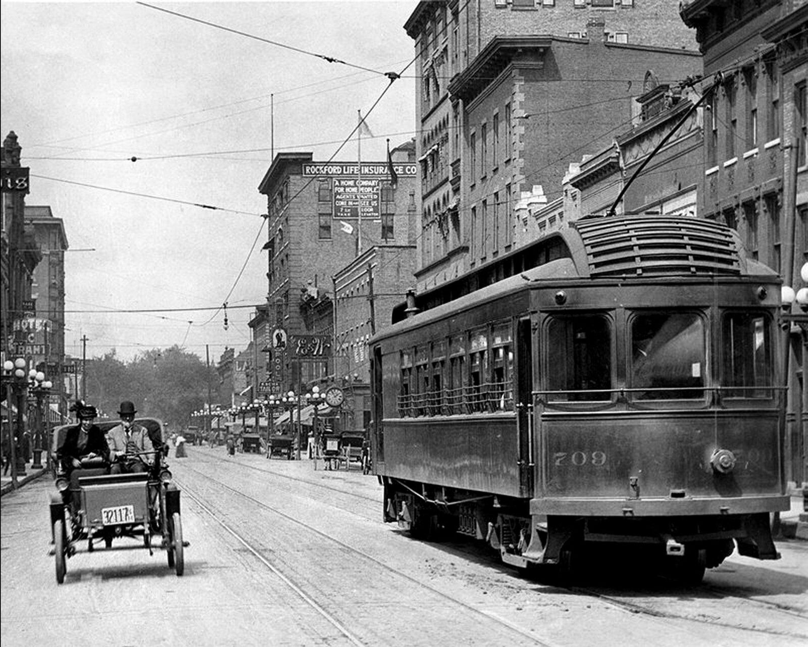 1914 ROCKFORD IL STREET CAR & CITY SCENE Color Tinted Photo (222-Y)