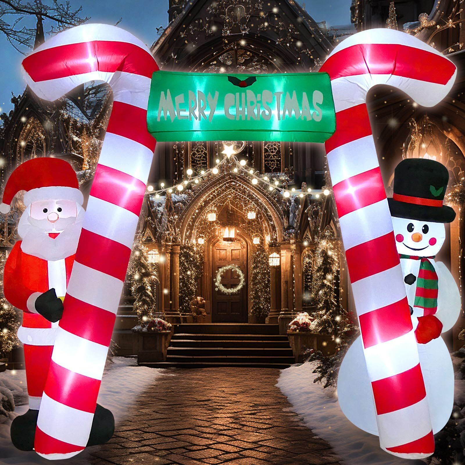 9 FT Christmas Inflatable Candy Cane Archway with Santa and Snowman, Blow