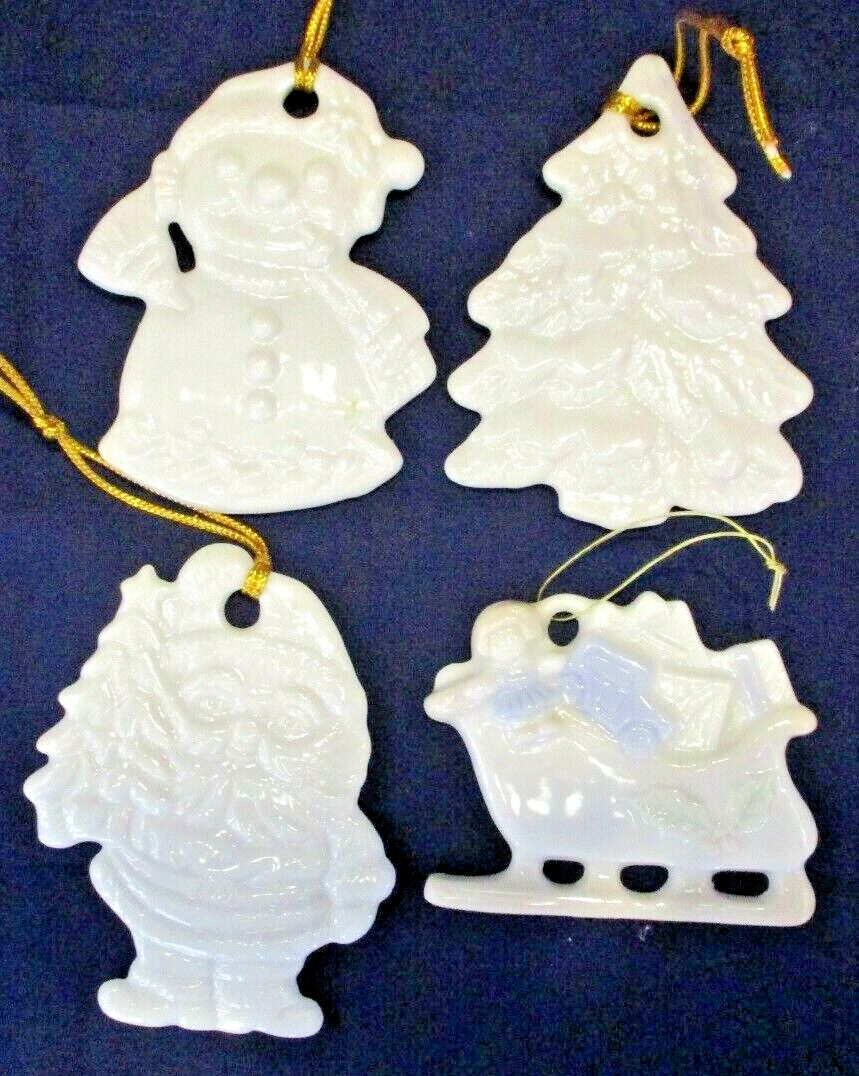 4 Vintage Christmas Ornaments White Ceramic Santa Tree Snowman Sleigh