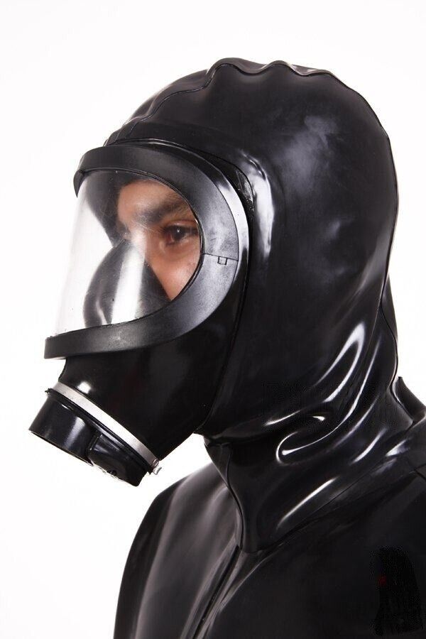 Black Rubber Gas Mask With Attached Latex Hood