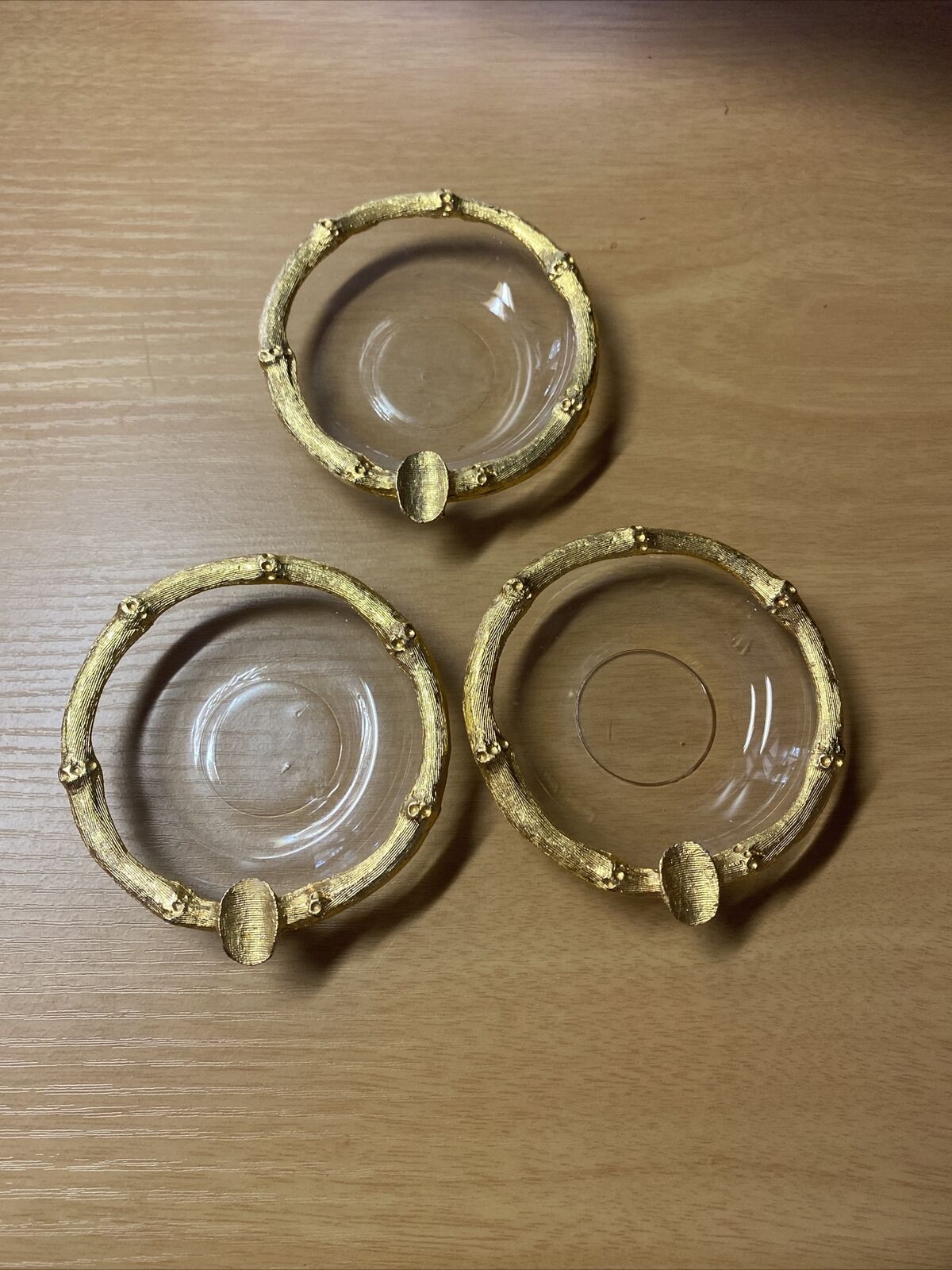 Lot Of 3 Vintage Gold Colored Glass Ashtray Metal Bamboo Trim