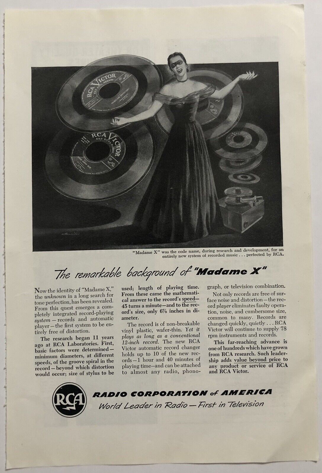 Vintage 1949 Original Print Advertisement Full Page - RCA Remarkable