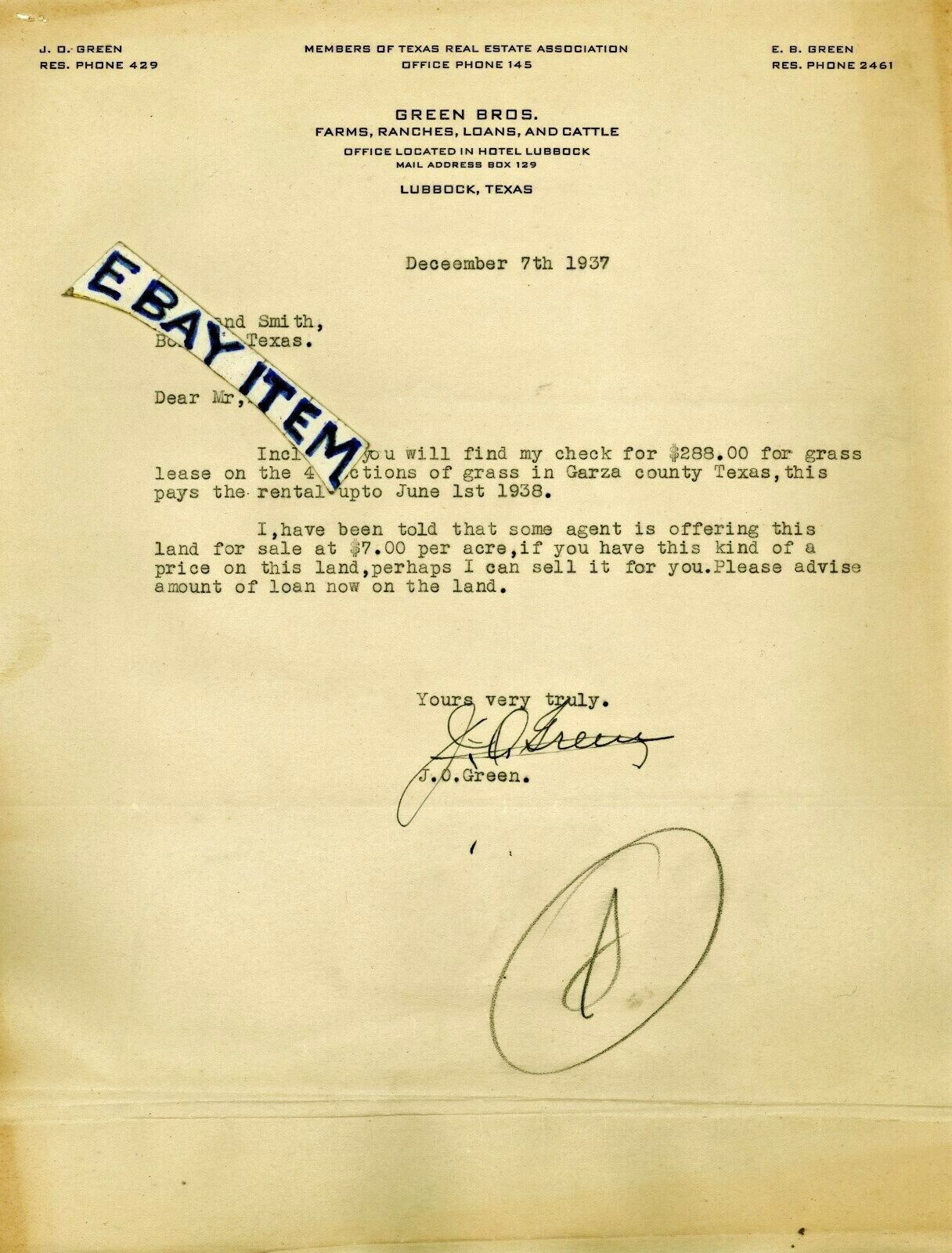 1937 LUBBOCK TEXAS letterhead E. B. & J. O. GREEN BROS. loans farm ranch CATTLE 